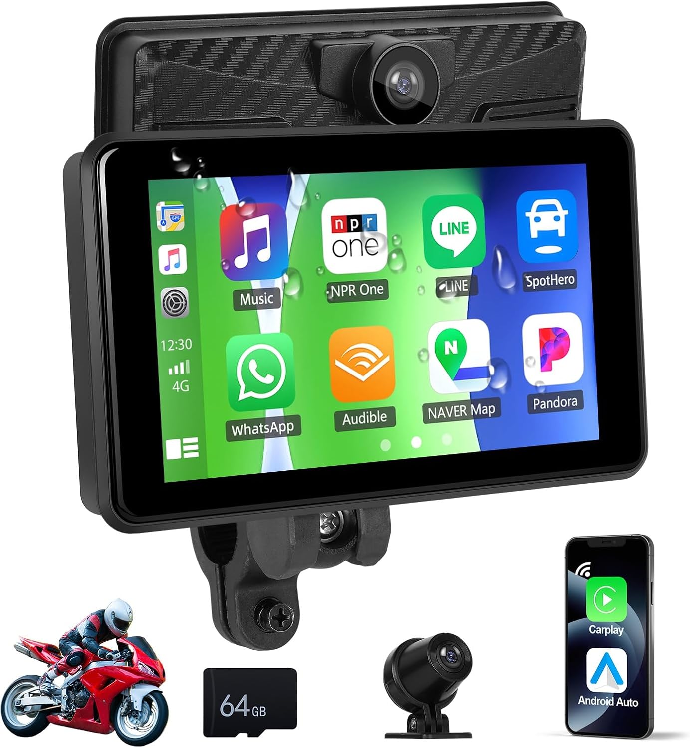CAMECHO Motorcycle Carplay Screen with 2K Dash Cam/HD Rear Camera, Wireless CarPlay Android Auto for Motobike 5" Waterproof Touchscreen, Dual Bluetooth, EQ, WiFi Video, Voice Control, 64G Card