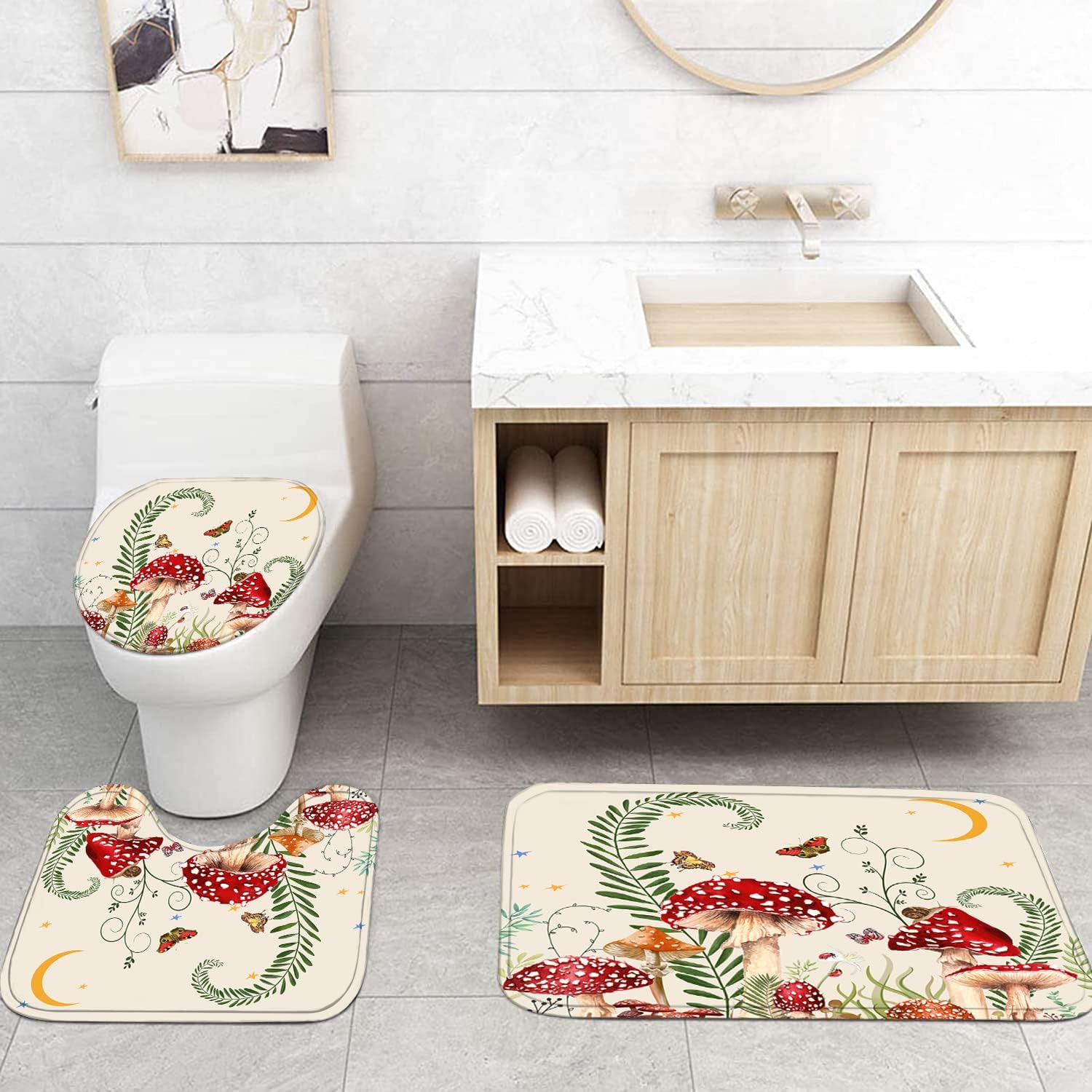 4PCS Mushroom Butterfly Flower Bathroom Shower Curtain Set with Rugs, Toilet Lid Cover and Bath Mat, Moon Stars Shower Curtain with 12 Hooks, Durable Retro Bathroom Decor Set