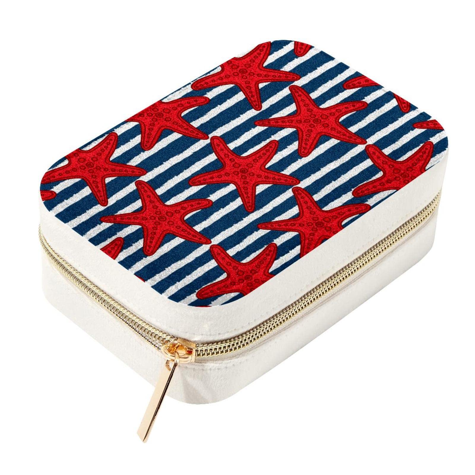Boîte à bijoux de voyage en velours rayé avec motif étoile de mer rouge
