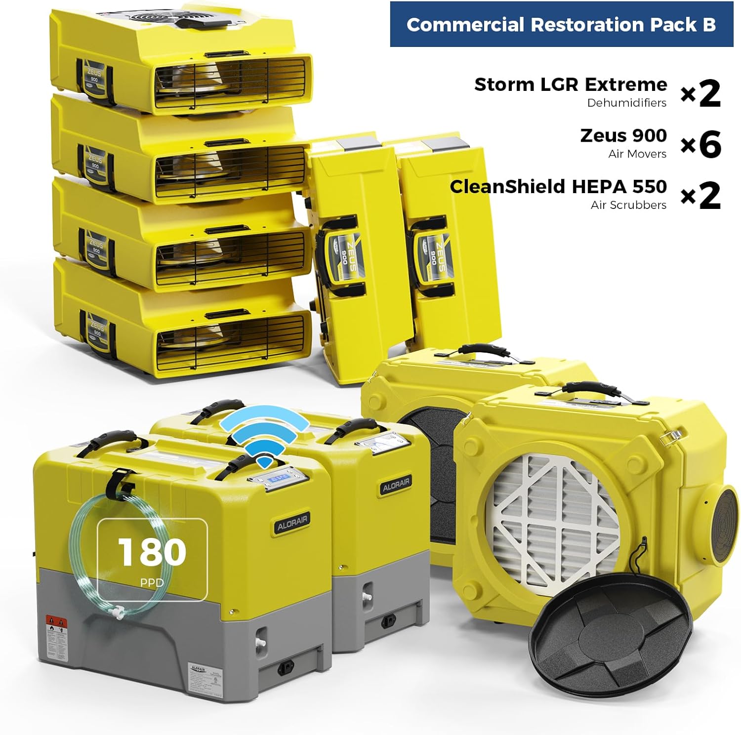 ALORAIR 2 x WiFi Commercial Dehumidifier, 6 x Air Movers and 2x Air Scrubber Combo Package Deals, Water Damage Restoration Equipment, Yellow