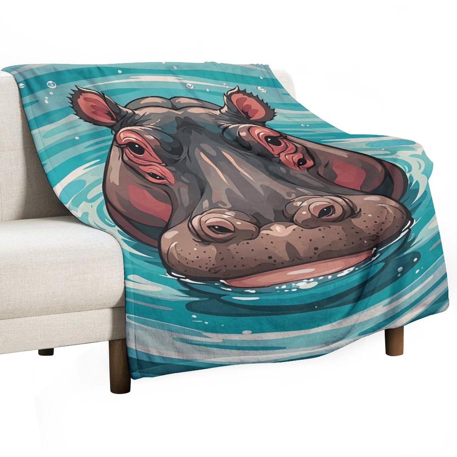 Couverture flanelle hippopotame pour grand lit et canapé toutes saisons
