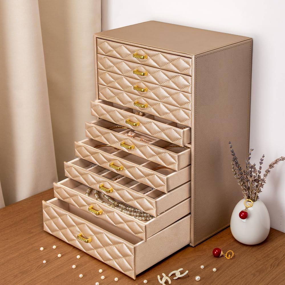 Extra Extra Large Jewelry Box Organizer with 10 Drawers - Premium Faux Leather Storage Case Velvet Lining Modern