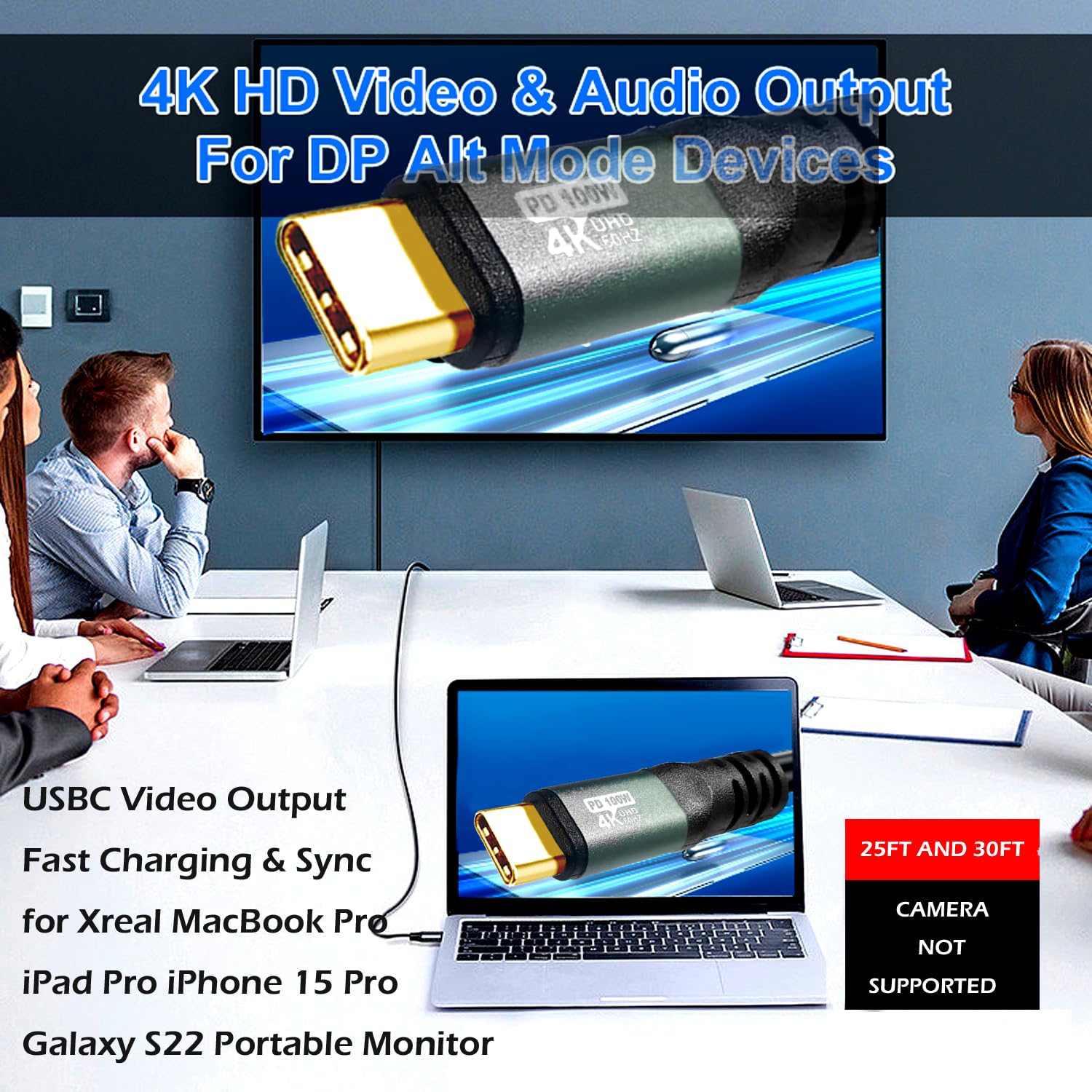 Cable tipo C a C de 40 pies, carga rápida 4K a 60 Hz 100 W, funda de aluminio para transferencia de datos de alta velocidad para monitor portátil Xreal MacBook Pro, iPad Pro, iPhone 15 Pro