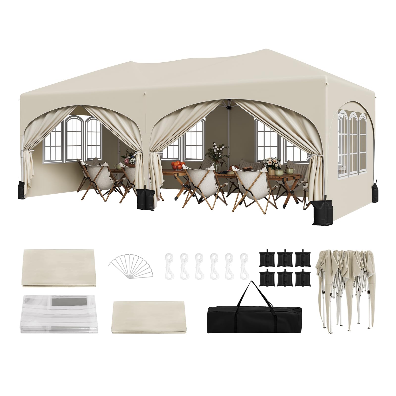 WOLTU Gazebo pieghevole Giardin 3x6m Pop Up da 3x6m con Pannelli Laterali Beige
