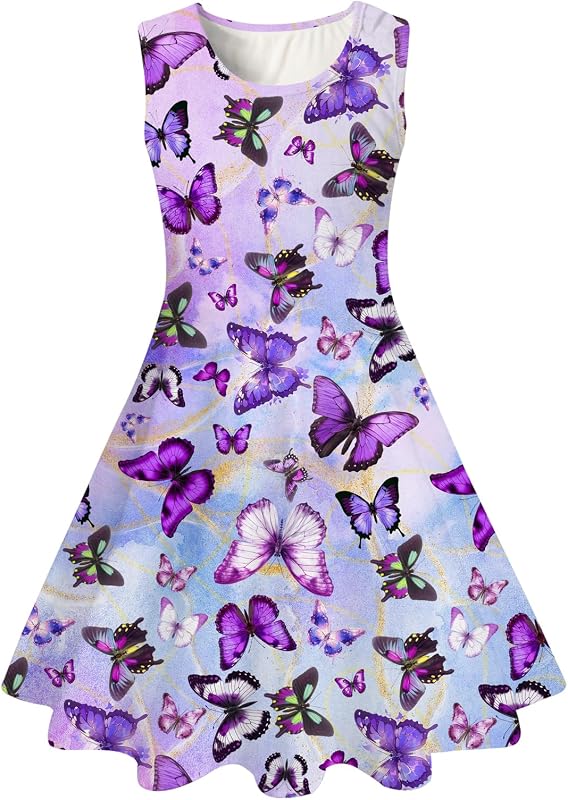 uideazone para niñas con estampado 3D sin mangas de cuello redondo sin mangas A-Line Skater Vestido 5-12Y | Tela elástica transpirable suave Cintura ajustada Rodilla Largo Vestido de sol para Shcool Desgaste diario Fiesta temática Viajes de vacaciones en la playa