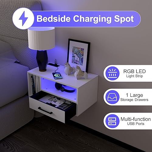 Miniatura 4 de Mesita de noche flotante con estación de carga y luces LED, mesita de noche flotante con cajones, mesitas de noche montadas en la pared, para