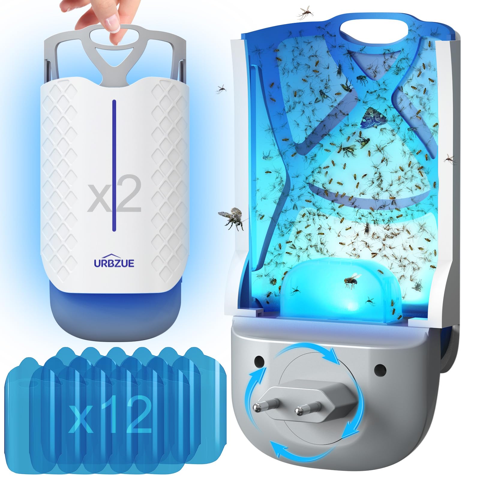Trappola per Mosche da Interni V2 | Insetticida Elettrico con Trappola Adesiva & Spina Orientabile | Contro Moscerini, Mosche, Falene, Zanzare | Cucina & Casa, 2 Dispositivo + 12 Ricariche