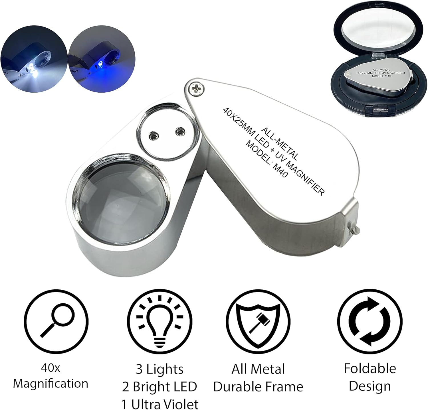 Pineapple 40X Metal Jewelers Loupe Magnifier with Light, Jewelry Eye Loop, LED Lighted Illuminated Magnifying Glass for Jewelry, Trichomes, Plants, Currency, Coins, Diamonds, Stamps : Arts, Crafts & Sewing