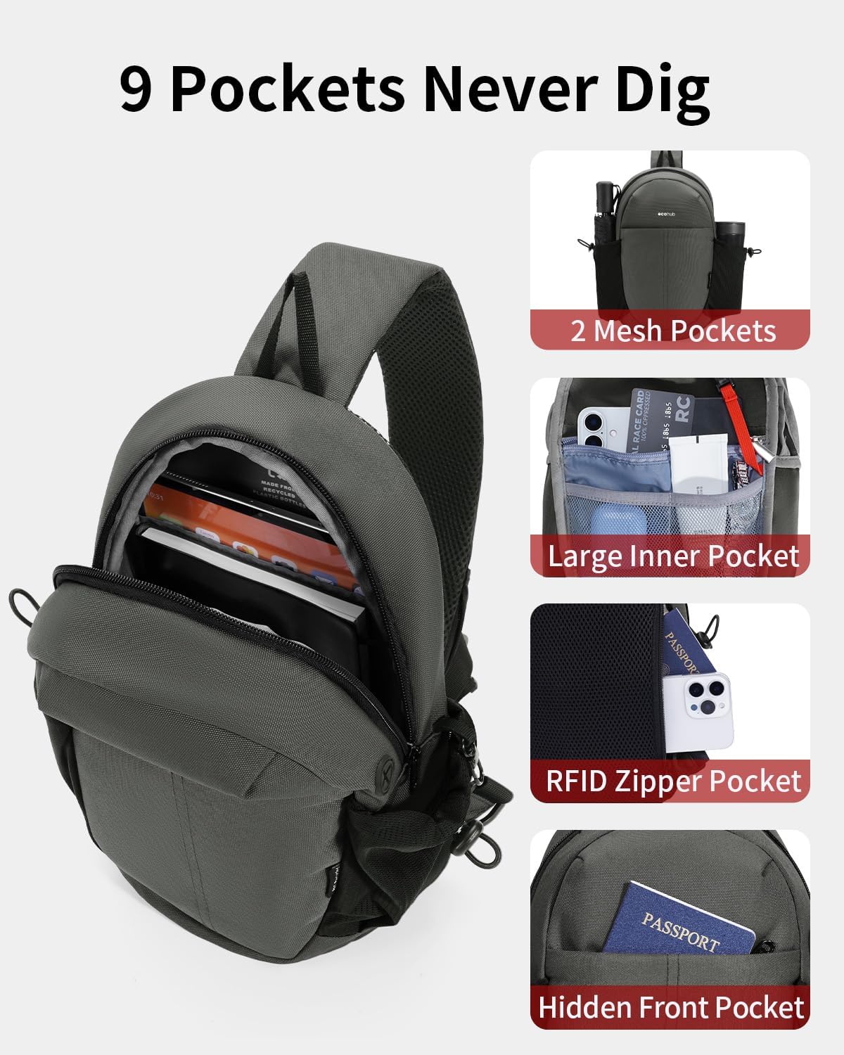 ECOHUB Crossbody Bags for Men with RFID Anti-Theft Lightweight Travel Hiking Sling Backpack Small Sports Shoulder Bag, Grey