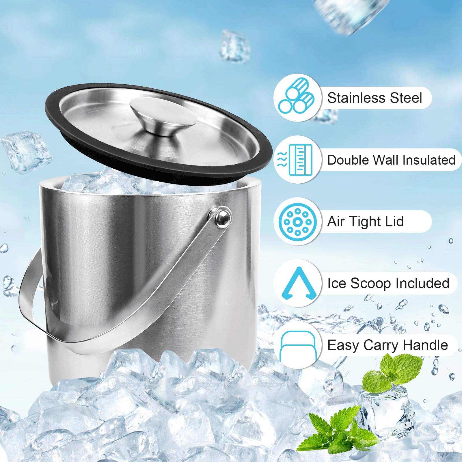 Secchiello Per Ghiaccio 3L In Acciaio Inox | Doppia Parete Isolante Con Coperchio E Pinza | Portaghiaccio Per Feste E Cocktail - 3