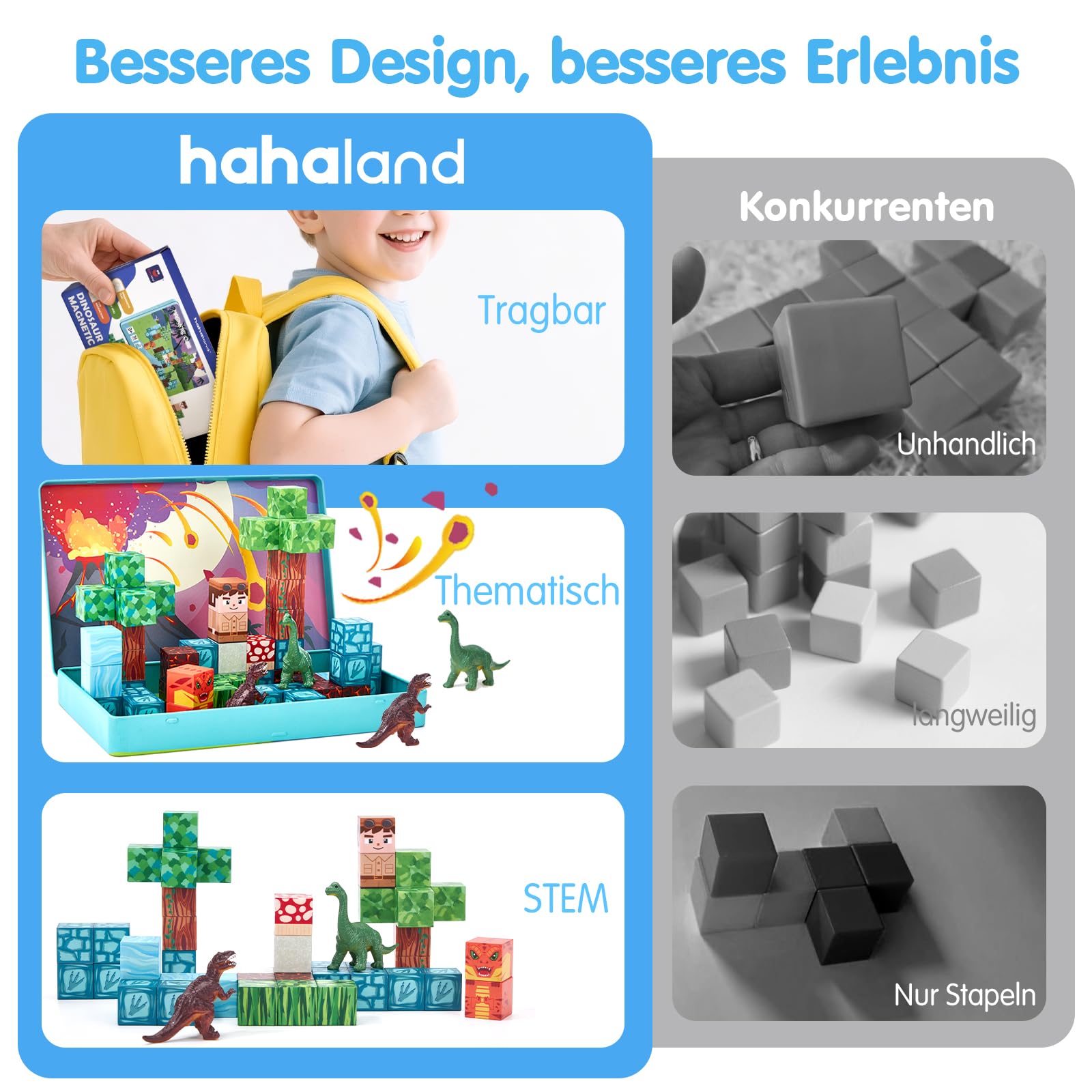 hahaland Mini Magnetische Bausteine ab 3 Jahre, A5 Reiseset mit 48 Magnetic Building Blocks & 2 Dino-Figuren, STEM Montessori Spielzeug ab 3-5 für Auto Unterwegs, Magnetbausteine ab 3 Jahre Geschenke