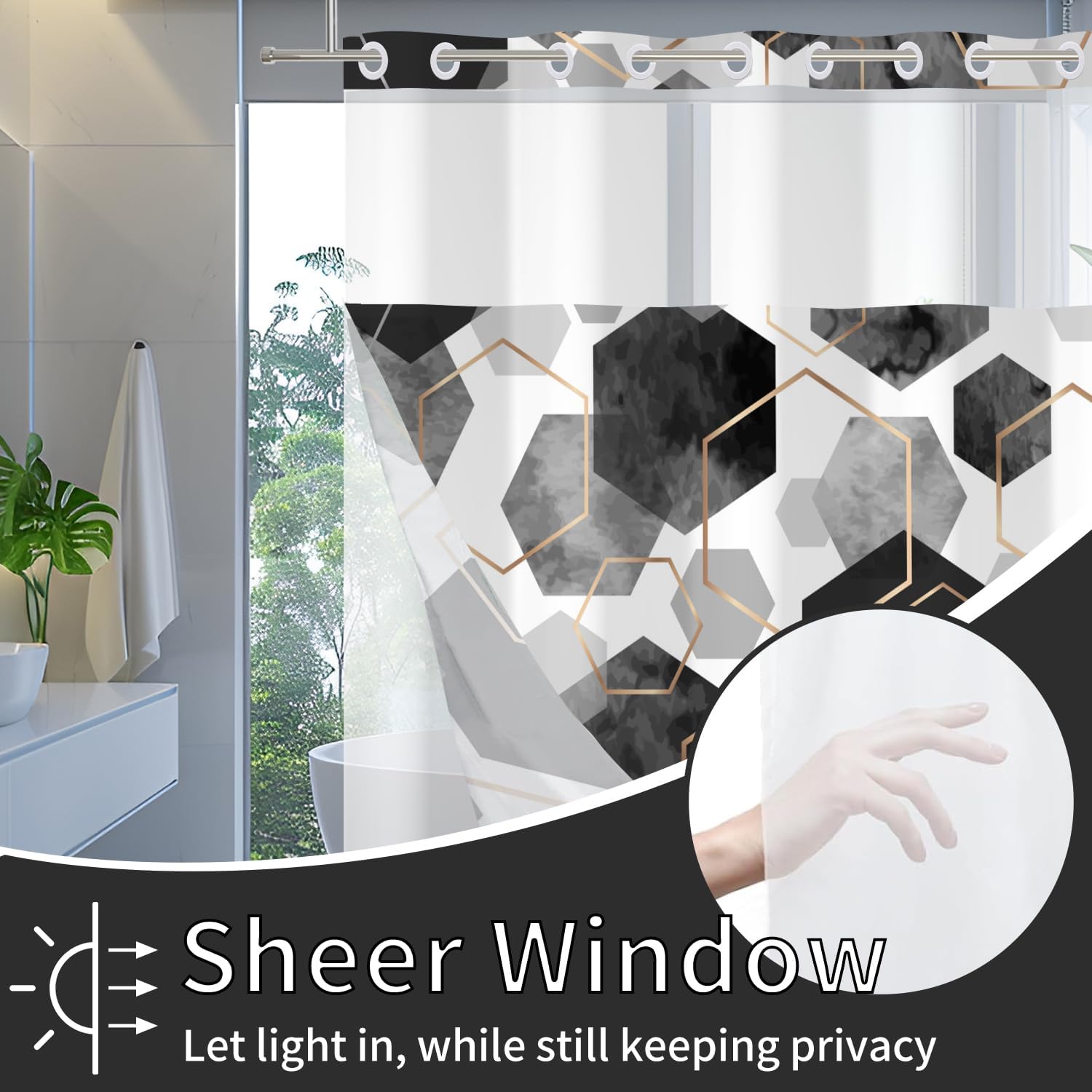 deFouliao Grey Shower Curtain with Snap in Liner No Hook Geometric Grid Modern Bathroom Curtain with See Through Mesh Top Window, Fabric Waterproof Inner Liner, 71x74 Inches