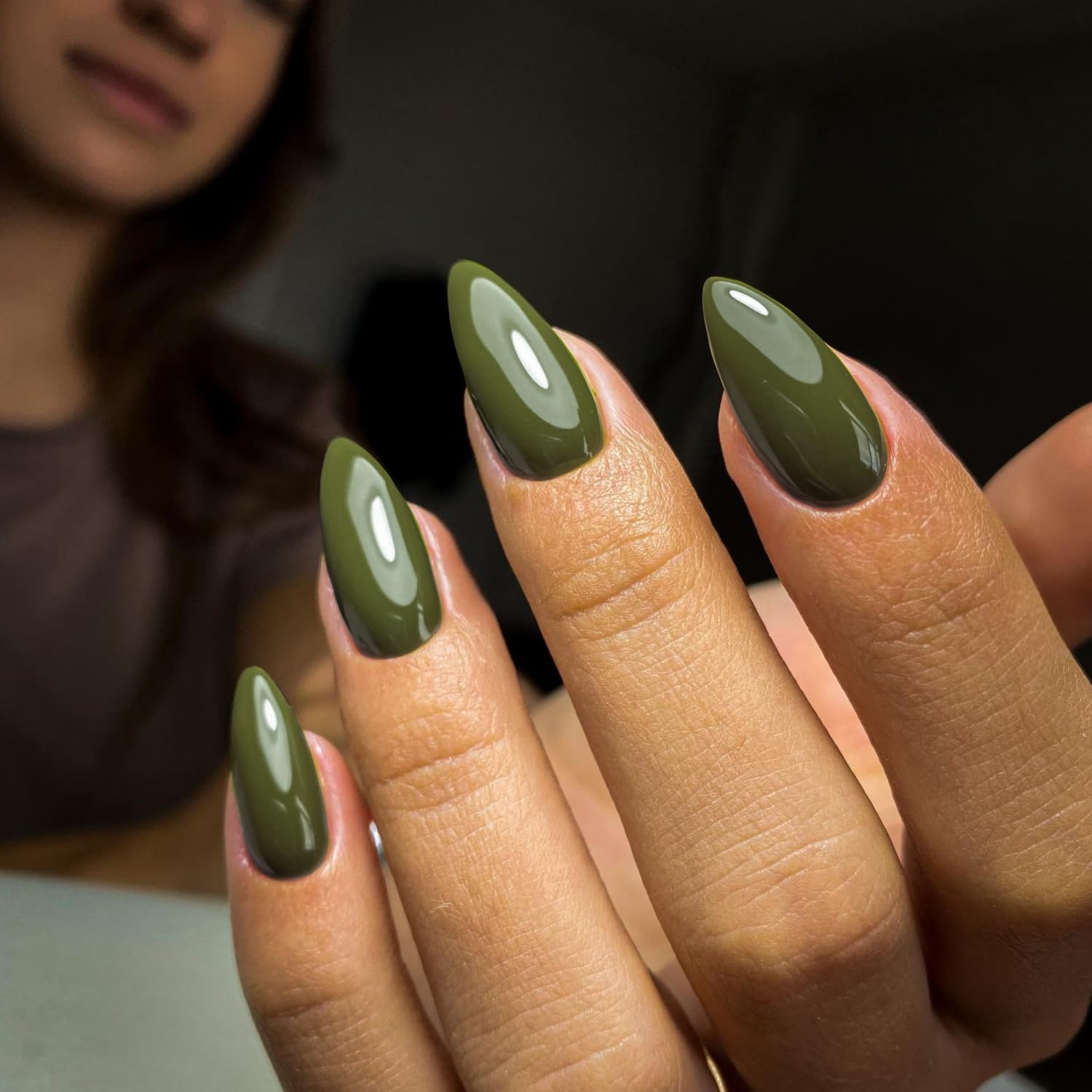 Olive Green Press on Nails - Medium Length Almond Shaped Fake Nails, Short Acrylic Glue on Nails for Women, Thick Natural Gel Stiletto False Nails