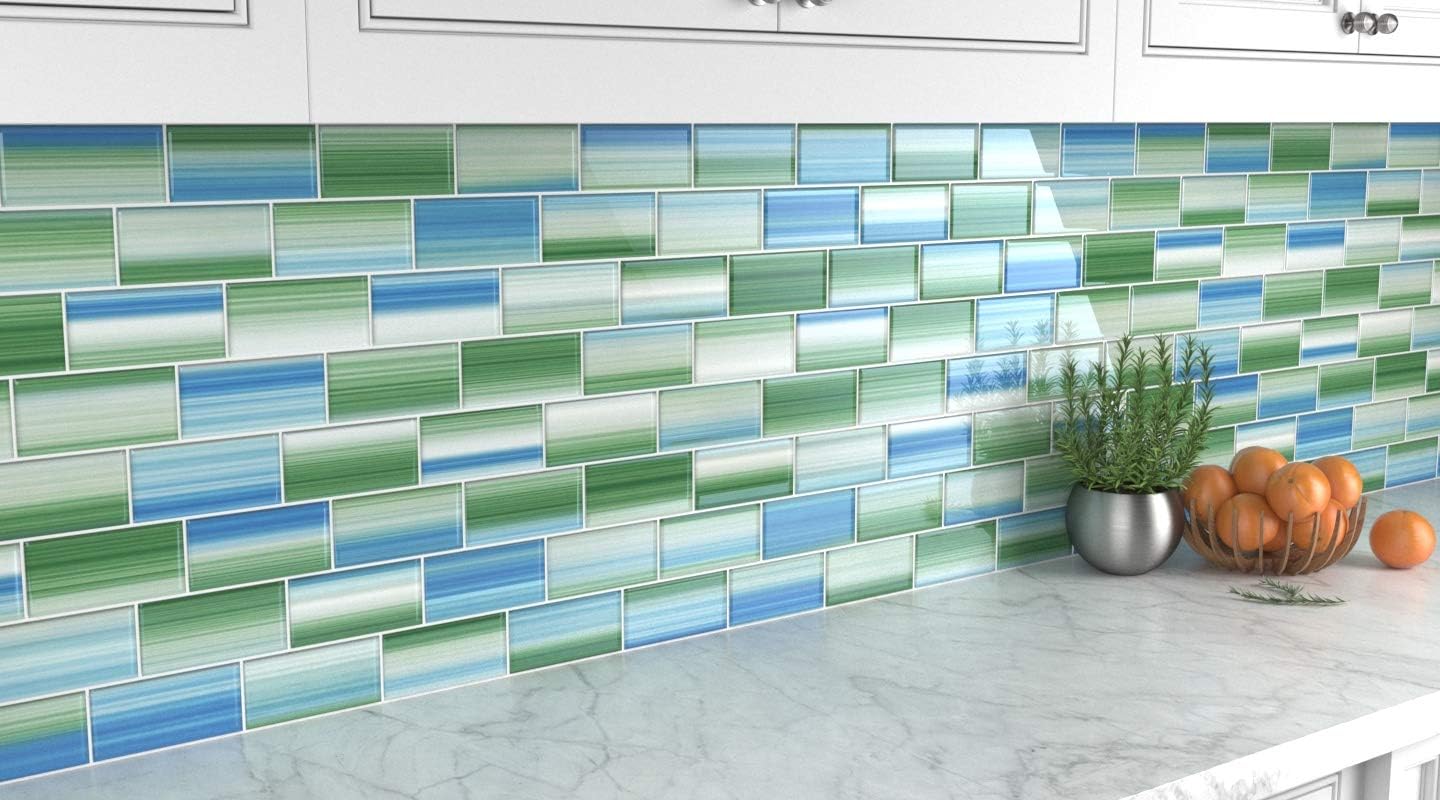 Green and Blue "Tidal" Glass Subway Tile for Kitchen Backsplash or Bathroom, 3x6