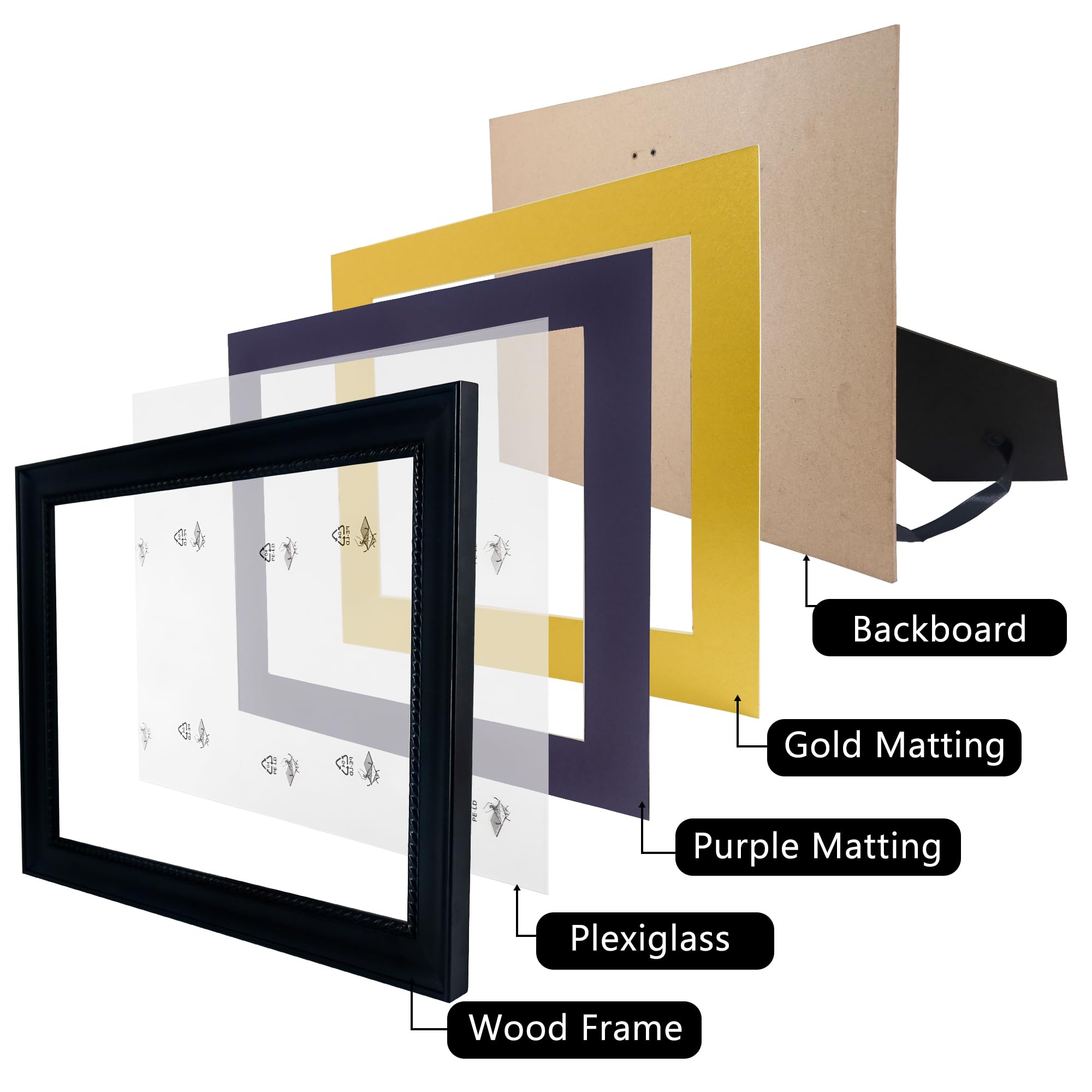 GMFrames Ramka dyplomowa 8,5 x 11 z fioletową matą lub wyświetlaczem certyfikaty 11 x 14 bez maty, lite drewno, czarne wykończenie ze skomplikowanymi czarnymi detalami liny, akryl chroniący przed