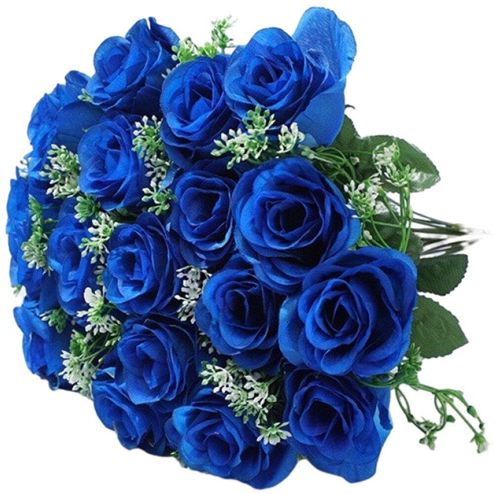 Sanfly Blue Artificial Cemetery Flowers For Grave Decoration Rose Fake Flowers Memorial Bouquet For Outdoor Headstones Tombstone Decor