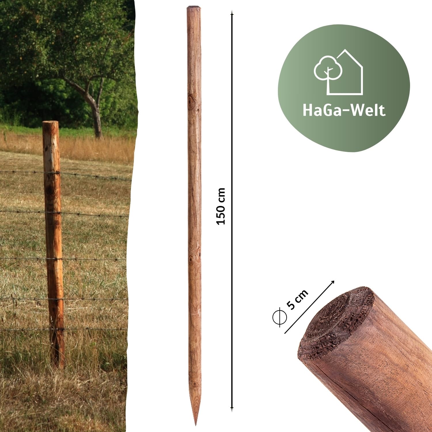 HaGa® Drewniany słupek do drzew, słupek ogrodzeniowy, 5 cm Ø x 150 cm, wysokość z drewna sosnowego, 5 szt., 150 cm, budowa ogrodzenia, odporna na warunki atmosferyczne