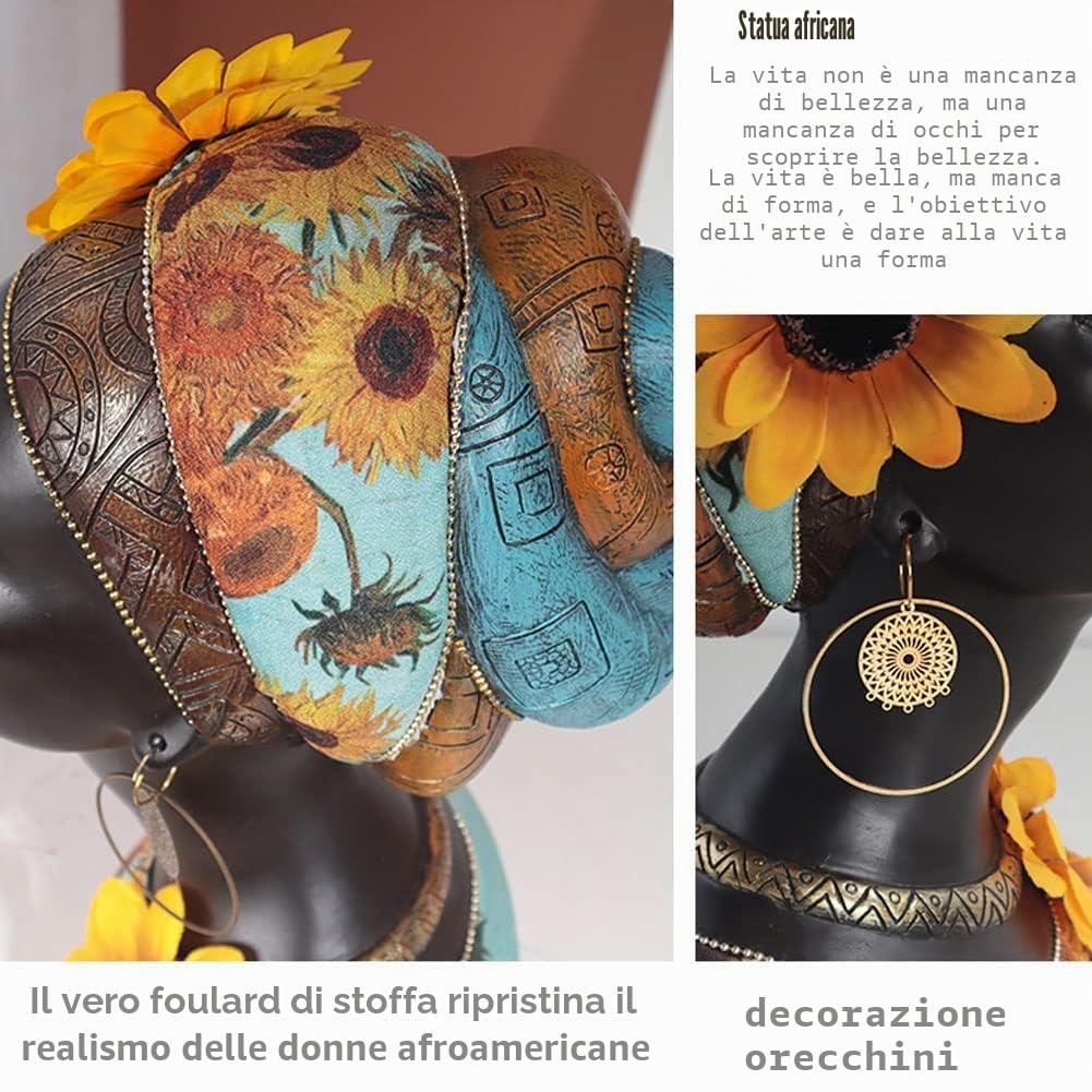 Statua busto di donna africana in resina, decorazione domestica moderna Busto di ragazza girasole africano, adatto per ingresso, ingresso, ufficio, soggiorno, decorazione della camera da letto