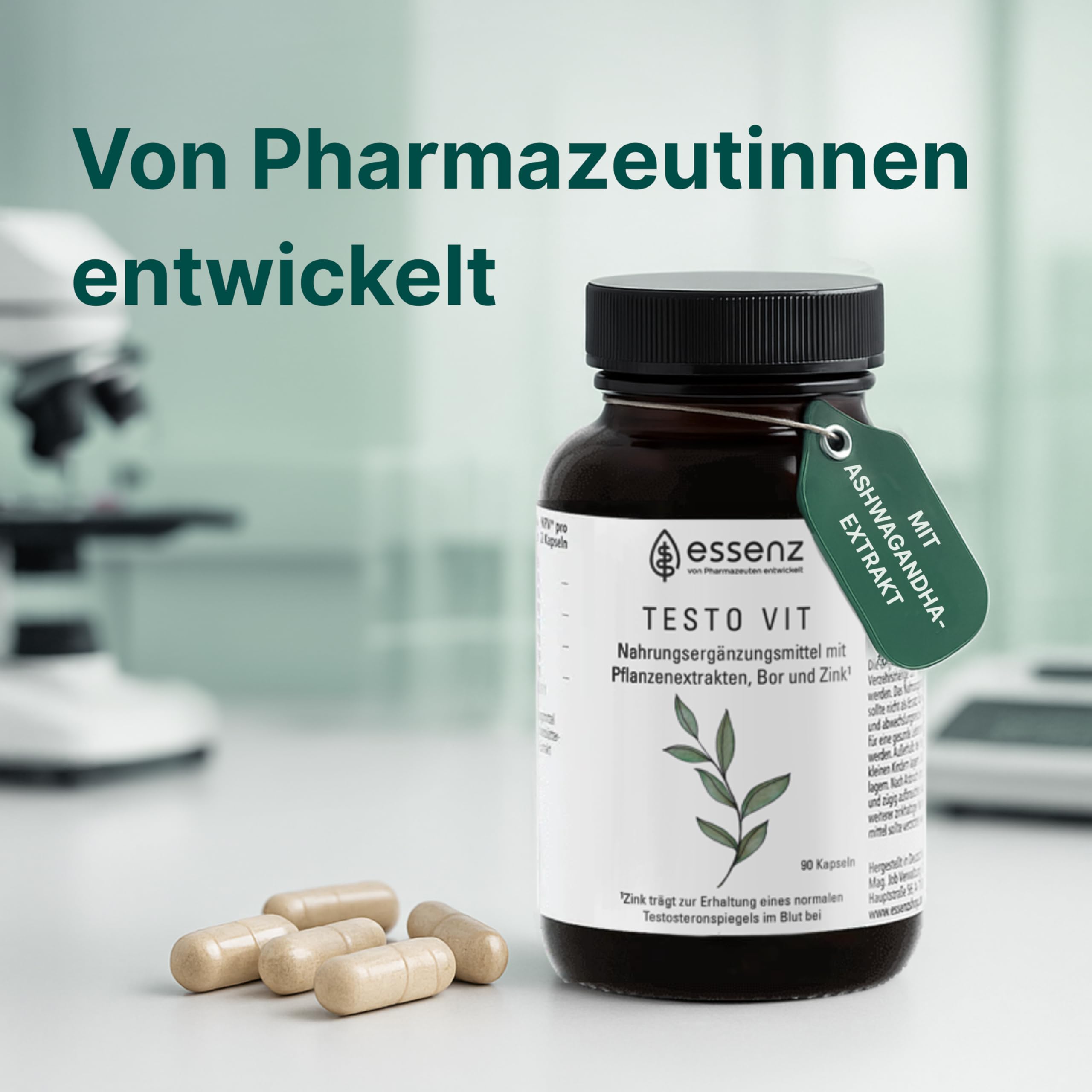 ESSENZ - Testo Vit 90 Kapseln - Natürliche Testo Vit Kapseln mit Ashwagandha-, Bockshornkleesamen- & Schwarzes Maca-Extrakt. Zur Förderung des Wohlbefindens