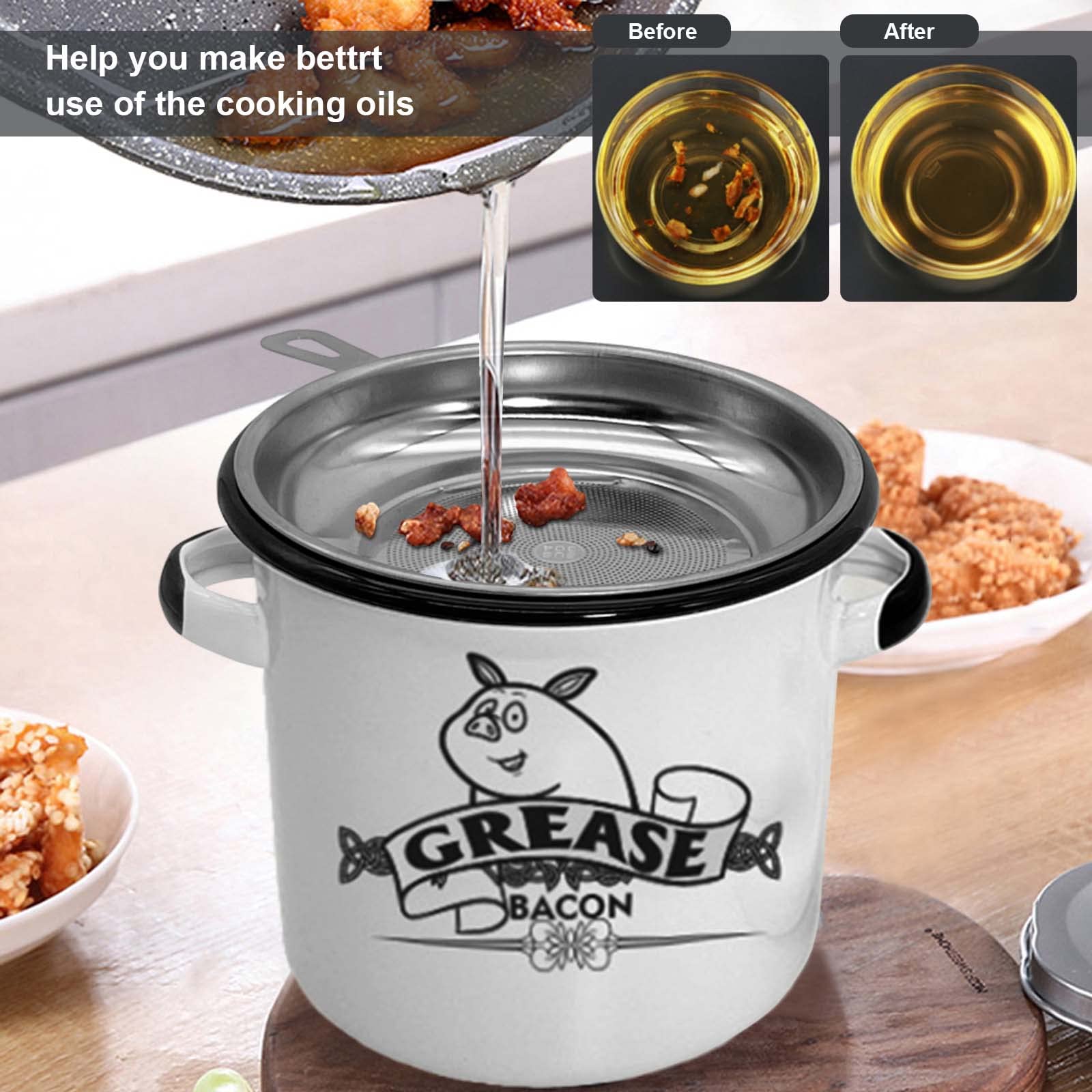 Roadmap 1.5L White Enamel Bacon Grease Container with Strainer, Grease Canister with Cute Pig Pattern, Bacon Grease Saver, Oil Storage Jar, Kitchen Accessories for Farmhouse Kitchen Decor