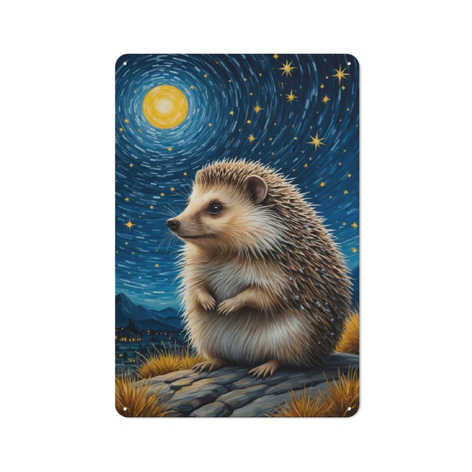 Junmoney Hedgehog Starry Night Retro Tin Sign 30X20cm For Pub Or Café, For Collectors Building A Themed Wall Display