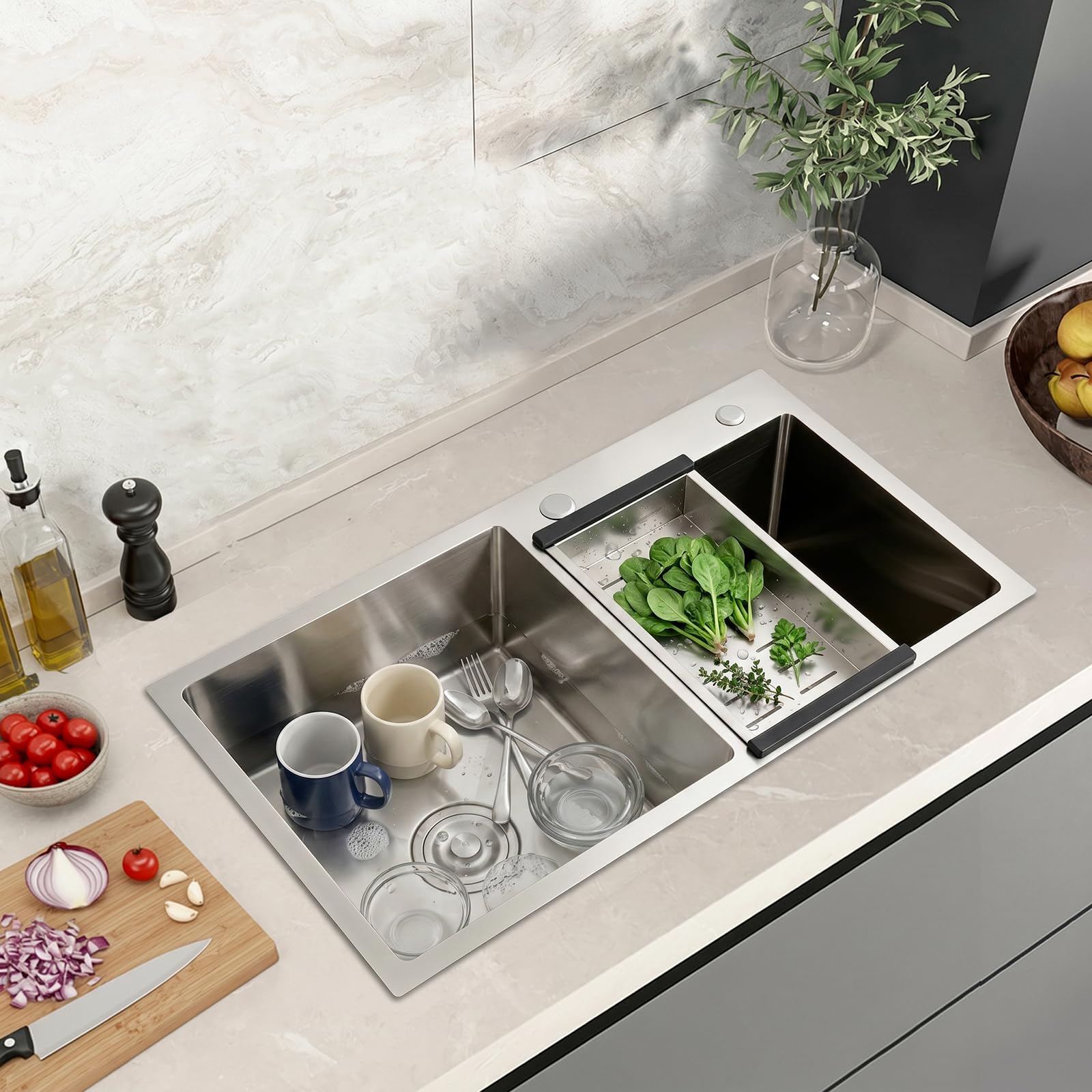 Doppio lavello 201, lavello da cucina in acciaio inox, lavello da incasso, 78 x 43 x 21 cm, rettangolare, con cestello sgocciolatoio, filtro per rifiuti, dispositivo di scarico, lavello da cucina a 2