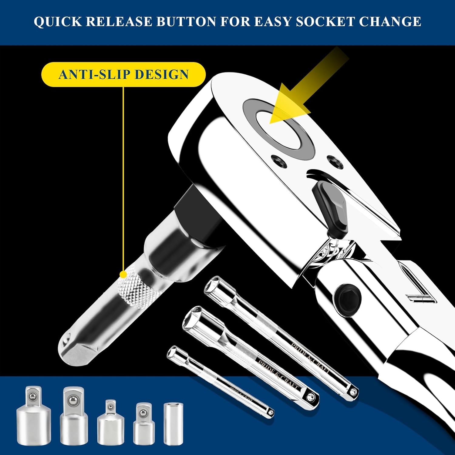 PRIDE&CRAFT 11-Piece Flex Head Ratchet Set, 1/4", 3/8", 1/2" Drive 72-Tooth Swivel Head Ratchet Wrench, Quick Release Reversible Socket Wrench, EVA Organizer