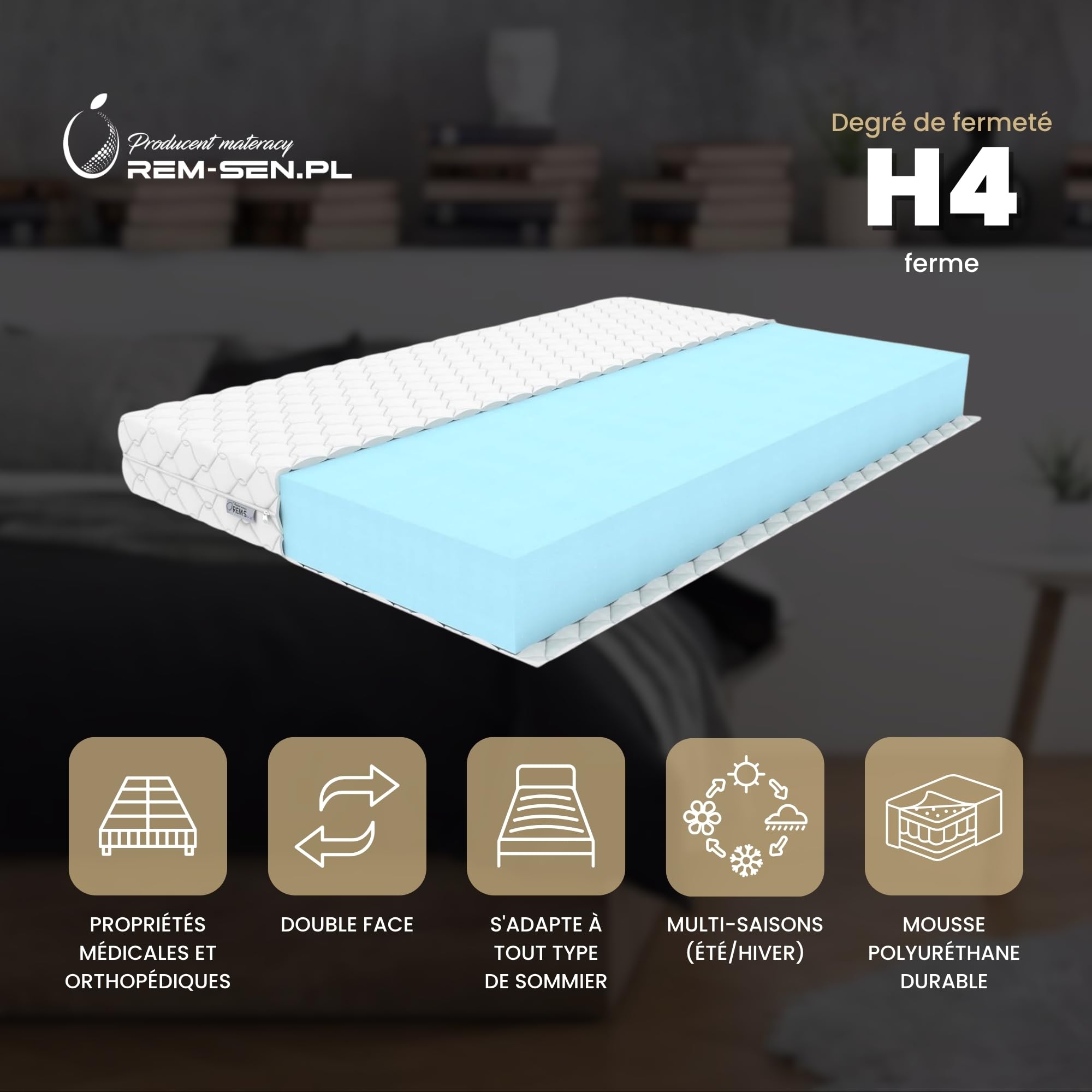 REM-Sen Matelas 90x200 cm, Épaisseur 10 cm, Mousse Polyuréthane H4 (Ferme), Housse Lavable Hypoallergénique, Lit Enfant et Adulte, Certifié Oeko-Tex