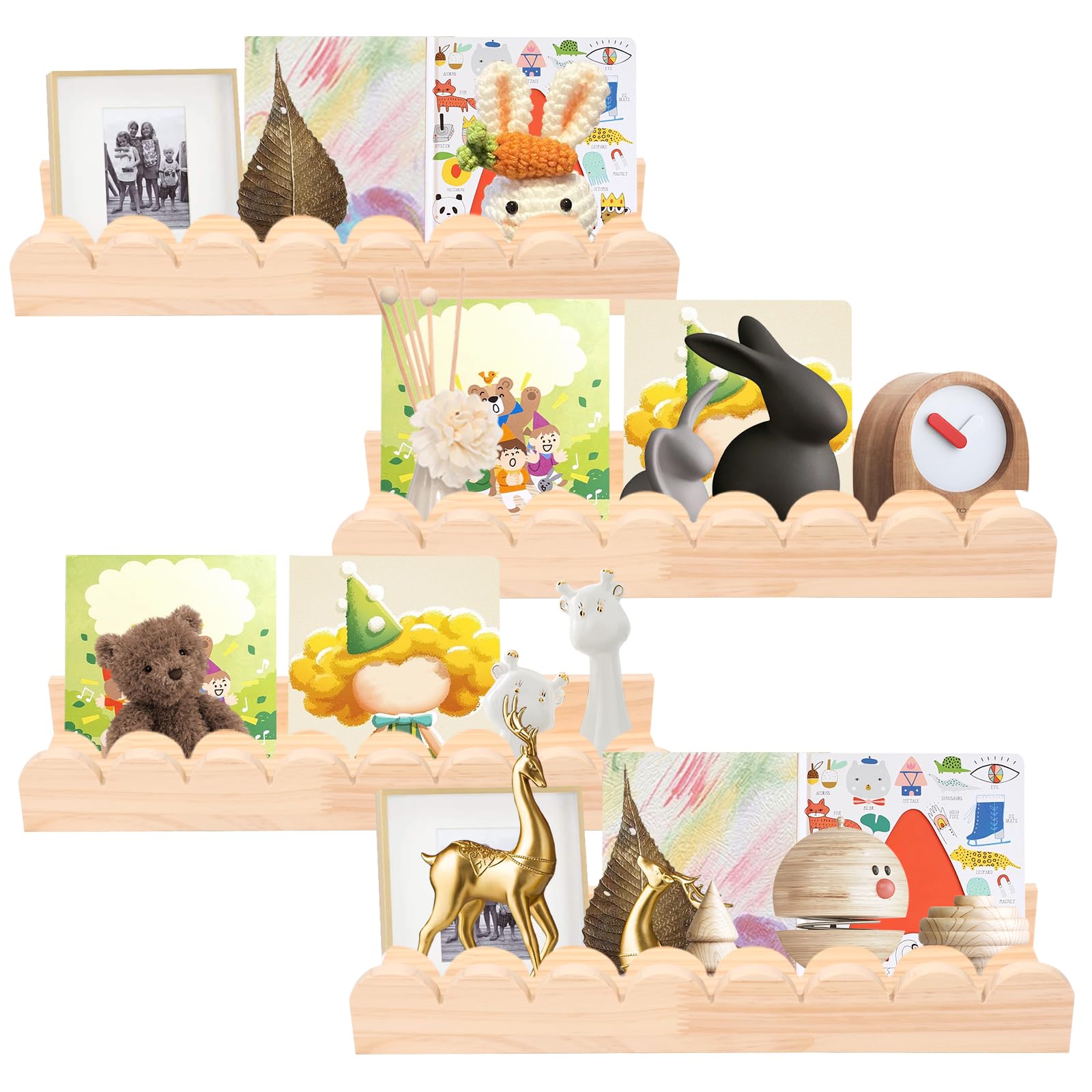 4 Pack Scalloped Wood Nursery Book Shelves with Hook Floating Wall Shelf Preassembled Baby Bookshelf Hanging Storage Shelves for Bedroom Kids, Toddler Room, Baby Room, Nursery Decor(4-piece) โ image 1