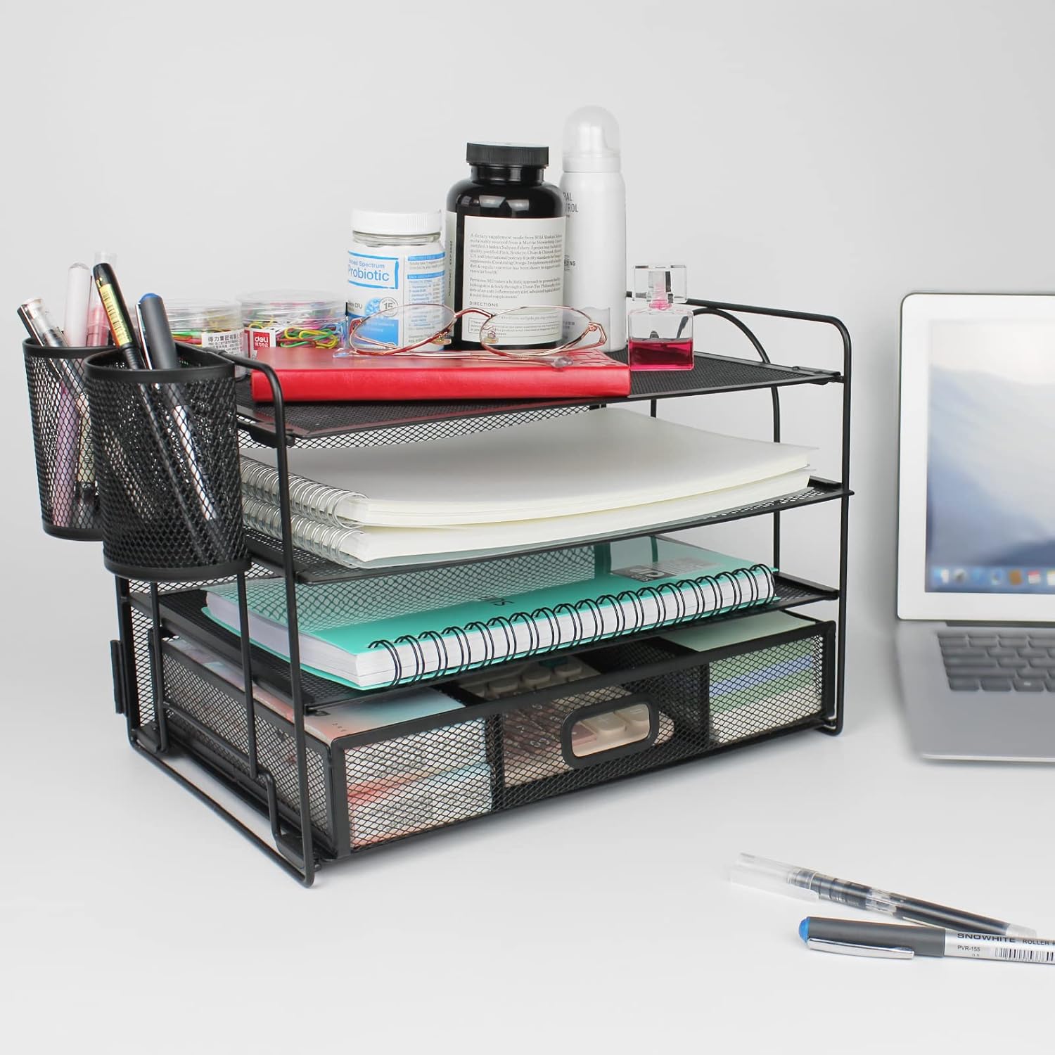 FancoYard Desk Organizers Set, Mesh Office Supplies Paper File Organizer for Desk with Pen Holder, Notebook, Pencil Storage Accessories with 4 Trays + Sliding Drawer, Black : Office Products