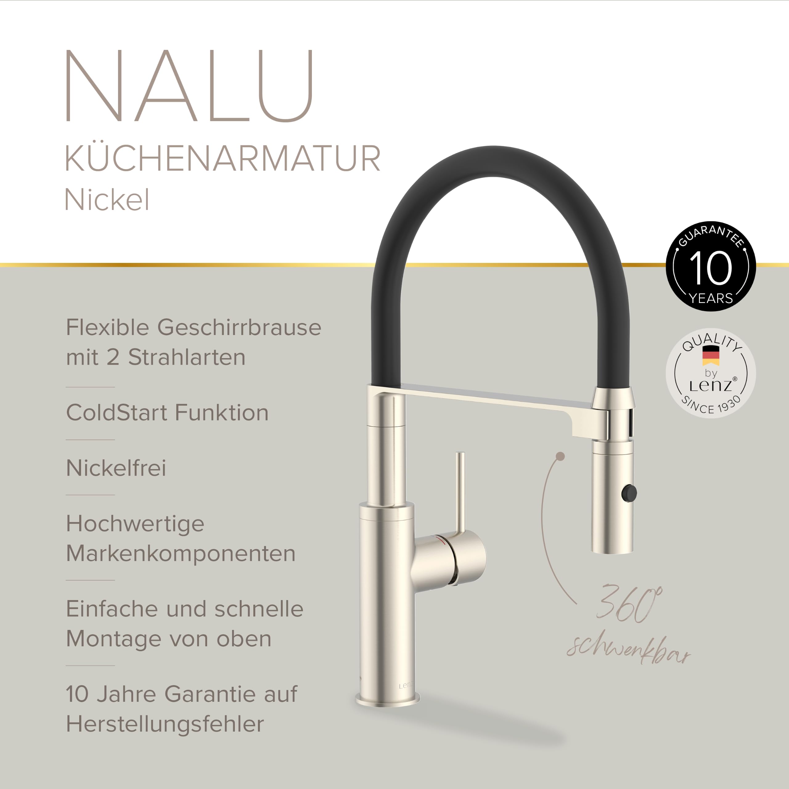 Lenz Küchenarmatur NALU in Nickel – Flexible Geschirrbrause, 2 Strahlarten | Spültischarmatur mit 2-Mengen-Funktion, Magnetische Halterung, Einfache Montage von oben, Höhe 42,7 cm, 46070422