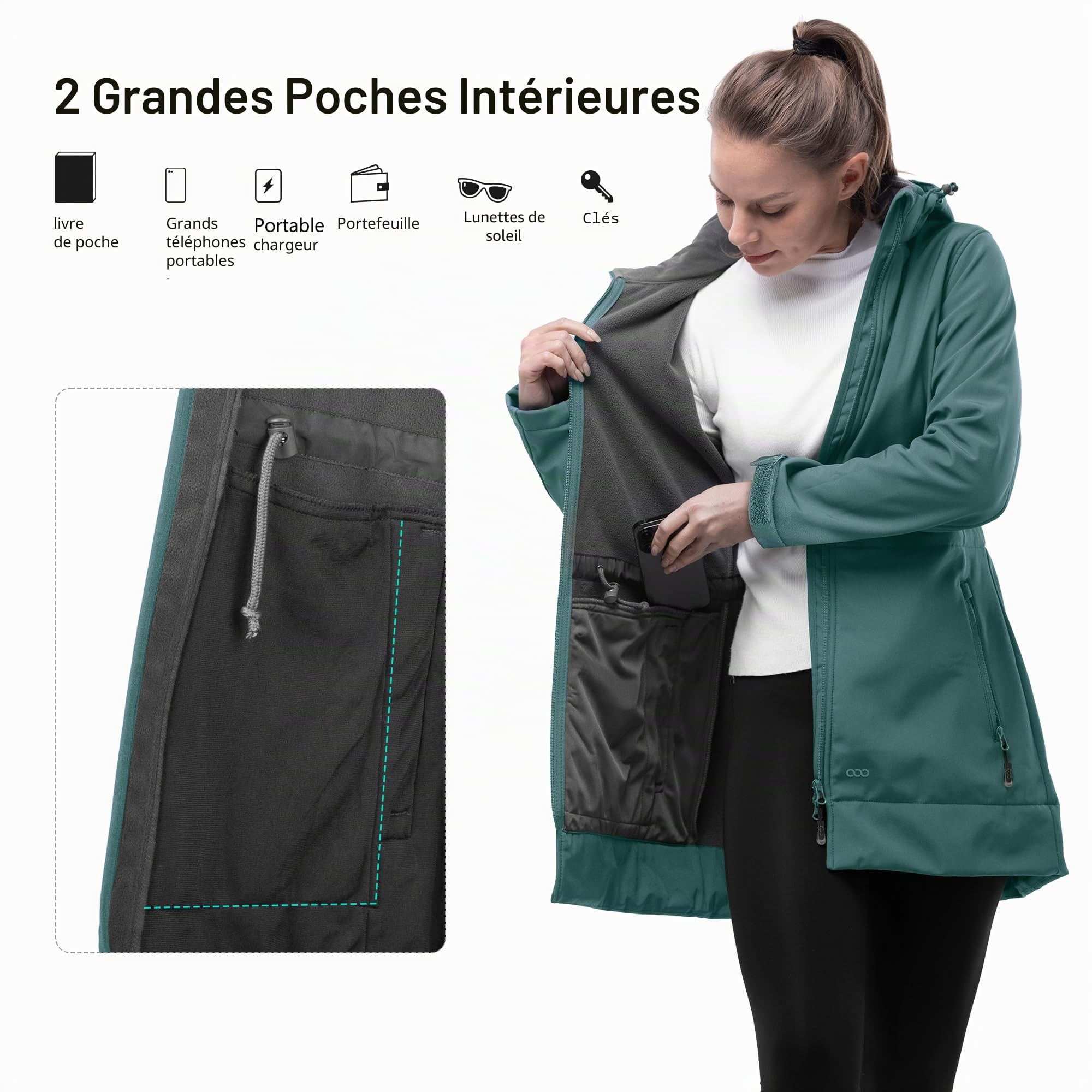 33,000ft Veste softshell légère avec capuche - Veste fonctionnelle pour femme - Doublure polaire - Coupe-vent - Respirant - Manteau long à capuche pour le cyclisme, la randonnée en plein air