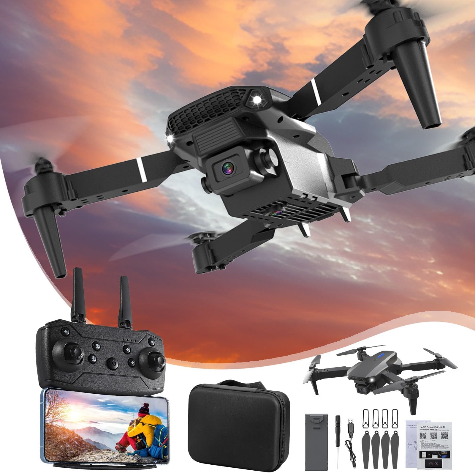 Drone with 1080P HD FPV Camera Remote Control with Altitude Hold Headless Mode Start Speed Adjustment, App Control, 3 Speed Gears, Gesture Control