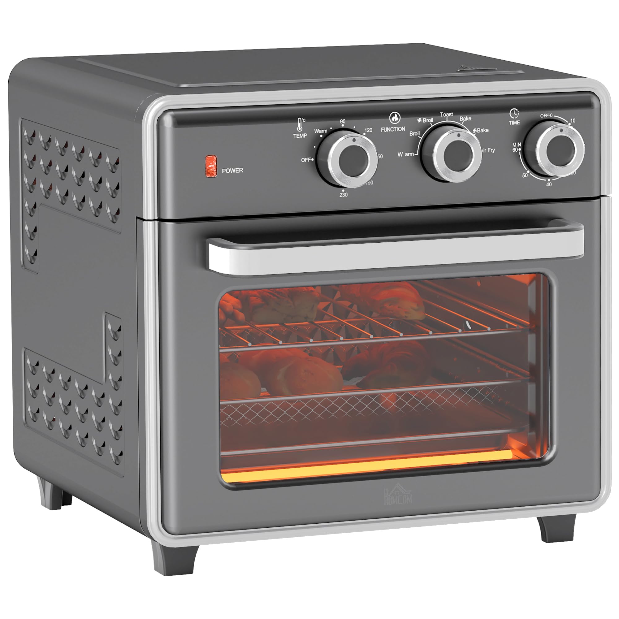 HOMCOM Mini-four à chaleur tournante 20L Mini four avec plaque de cuisson, grille et ramasse-miettes, 90 °C-230 °C Friteuse à air chaud avec 5 modes, panier à friture, minuterie 60 min, 1400W, métal