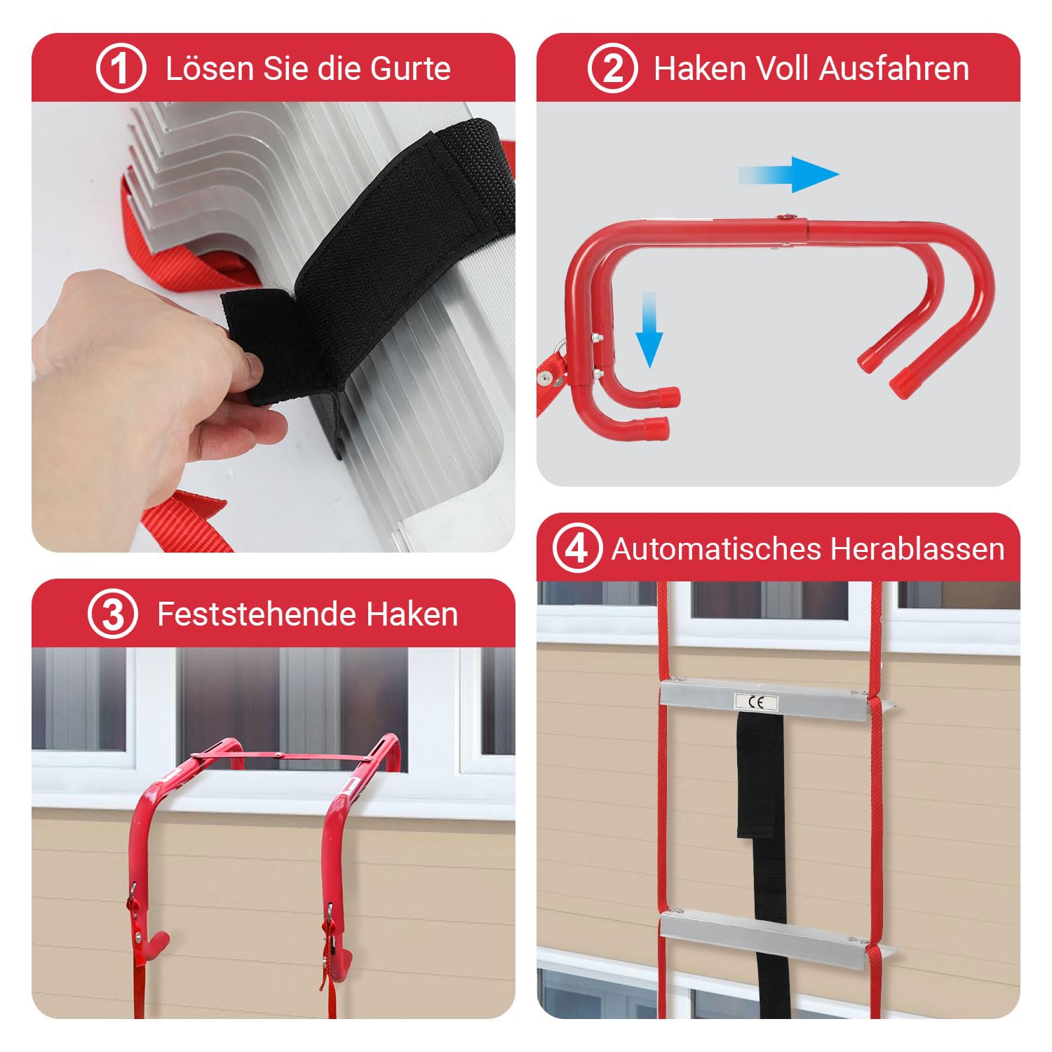 4.5m Aluminium Feuerleiter - Tragkraft 450kg, Einweg-Rettungsleiter mit 3-Sekunden-Entfaltung, Einfache Bedienung ohne Montage, Ideal für Häuser/Büros/Schulen