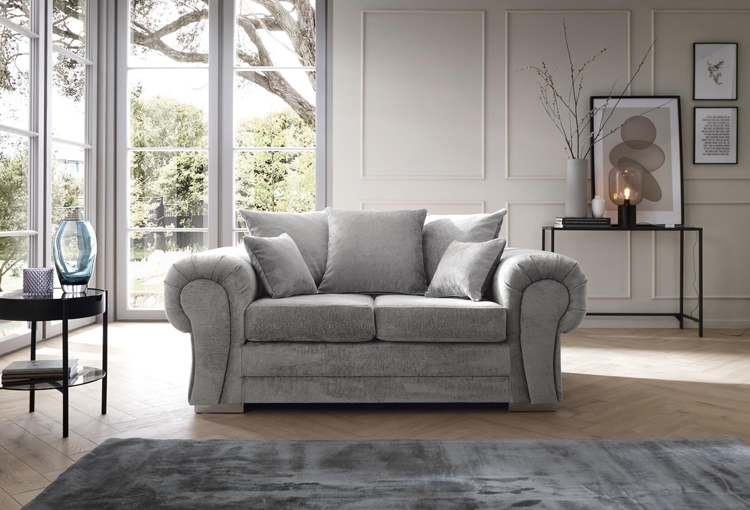Abakus Direct 2 Seater Sofa - Verona Two Seater Sofas for Living Room with Thick Luxury Soft Extra-Foam Filled Cushioning | Sophisticated Sofa 2 Seater in Light Grey Crushed Chenille | 175Wx88Dx80H