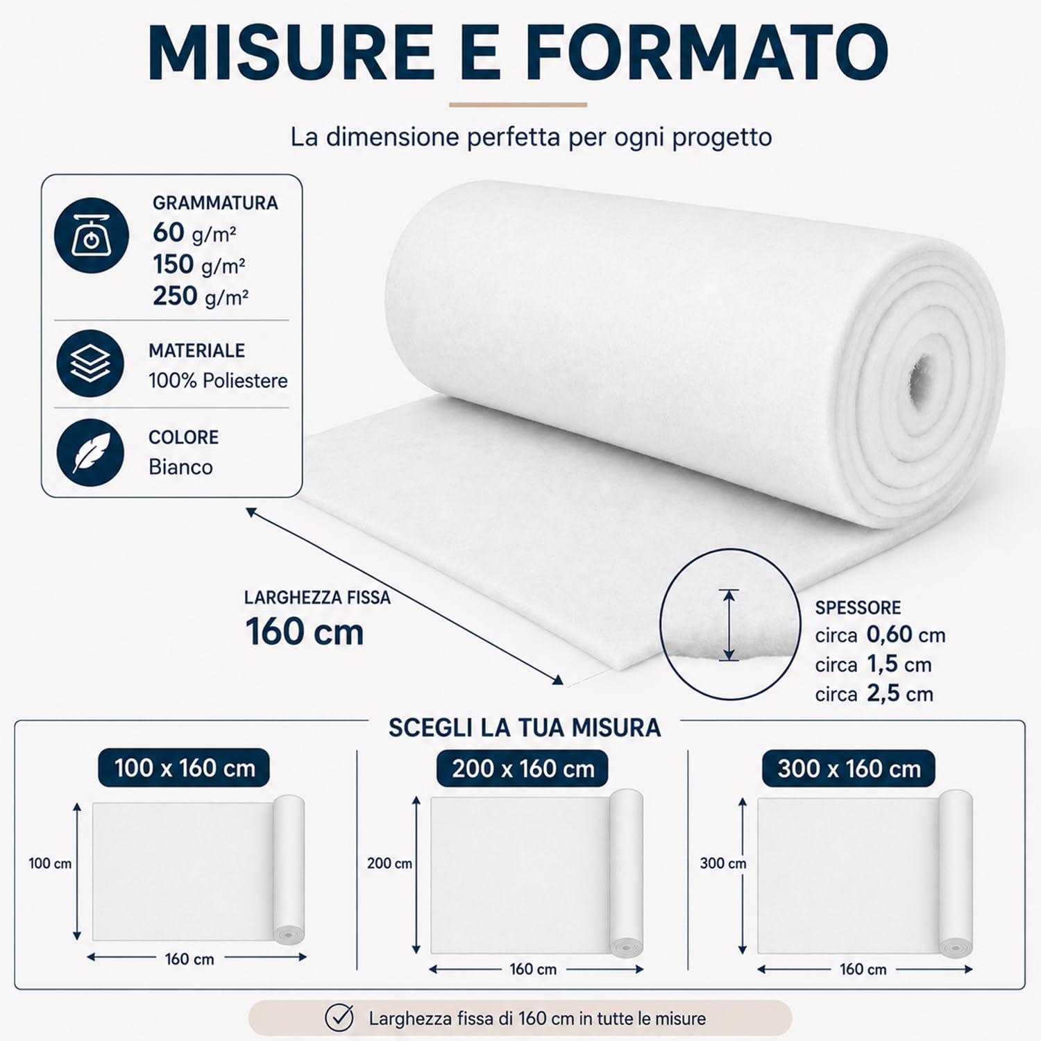 Ovatta Imbottitura in Poliestere 150 g/m² 160 cm di Larghezza, Vendita al Metro, Morbida e Leggera, Tappezzeria, Cuscini, Trapunte, Cucito e Hobby Creativi (Bianco 150 g/m², 100 cm x 160 cm)
