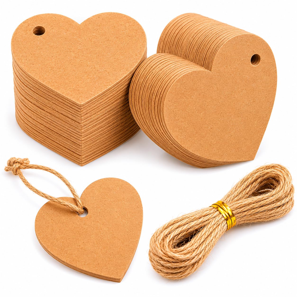 100 Pack Heart Shaped Brown Kraft Paper Gift Tags, Thick 300GSM Blank Labels with 20m Jute String, Rustic Favour Tags for Wedding, Birthday, Christmas & DIY Crafts