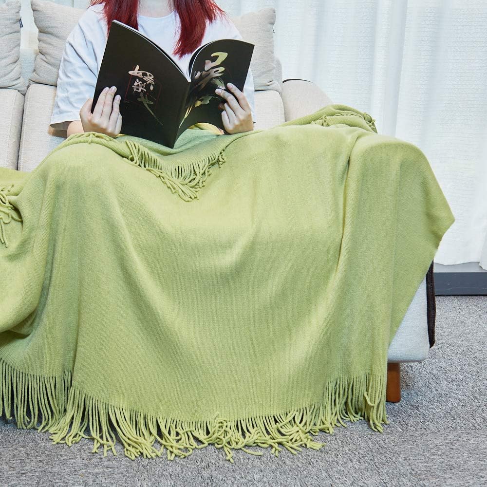 NSHERE Simple Solid Color Light Green Knitted Woven Throw Blanket Cover with Tassels Fringe Soft Warm Lightweight Home Decor for Couch Bed Chair Sofa Office Living Room 51''x67''