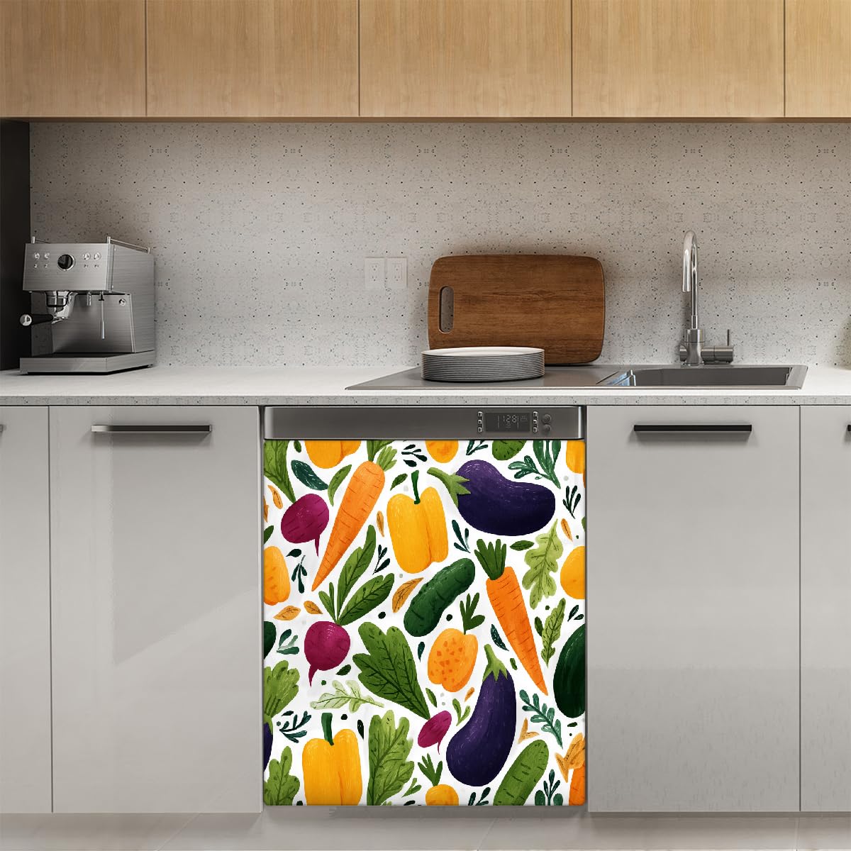 Mexpekil Adesivo decorativo per lavastoviglie con motivo di verdure in stile cartone animato, 58 x 66 cm, adesivo decorativo per lavapiatti per porta d'ingresso, impermeabile, pannello