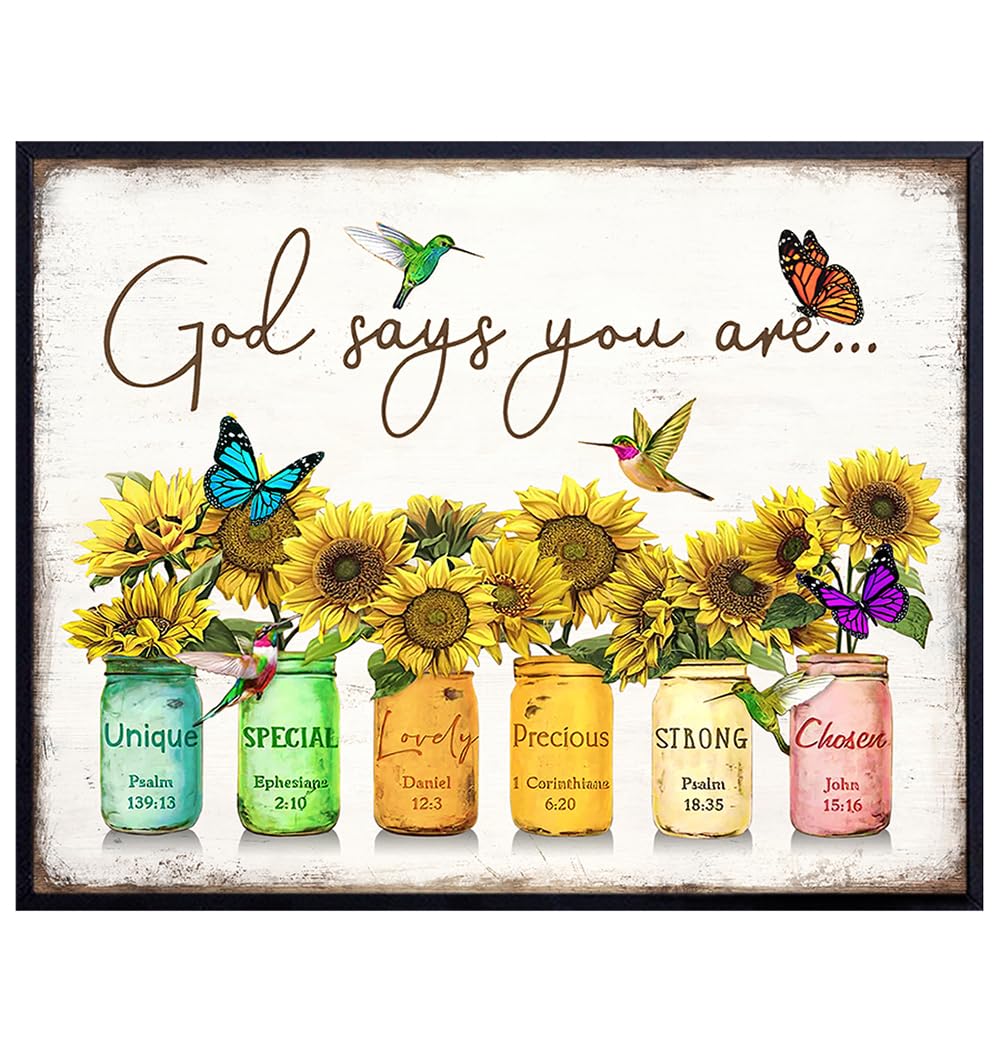 Christian affirmation Wall Art LARGE 11x14 - Inspirational Bible Verse for Women - Rustic Scripture Wall Decor - positive Quotes, Motivational Gifts - Catholic, Religious Gifts - God Says You Are