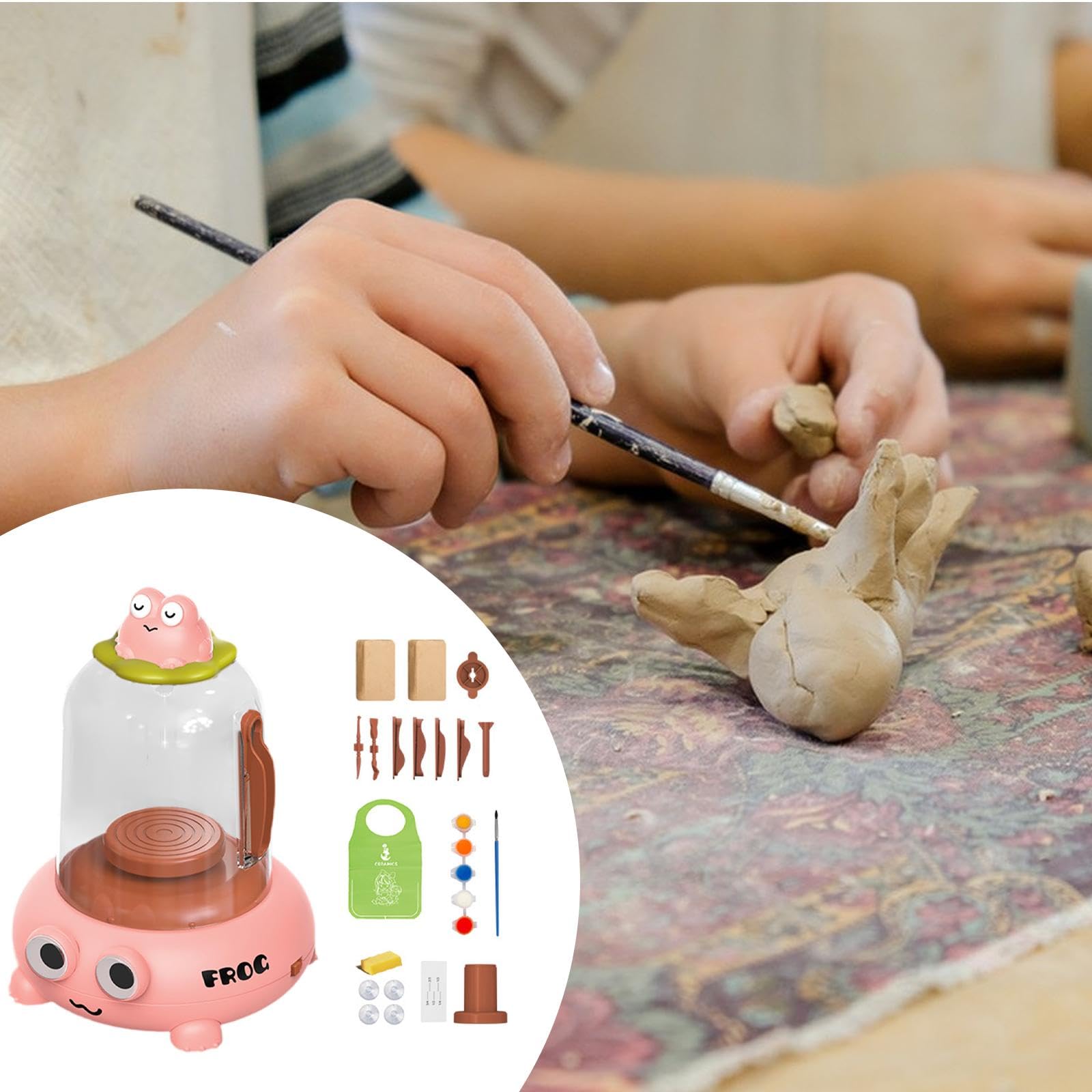 Elektrischer Töpferscheibe Bastel-kit Keramikmaschine Tonrad Kreatives Handwerk USB-anschluss mit Mal- Und Schnitzwerkzeug aus Metall für Kinder, Rosa