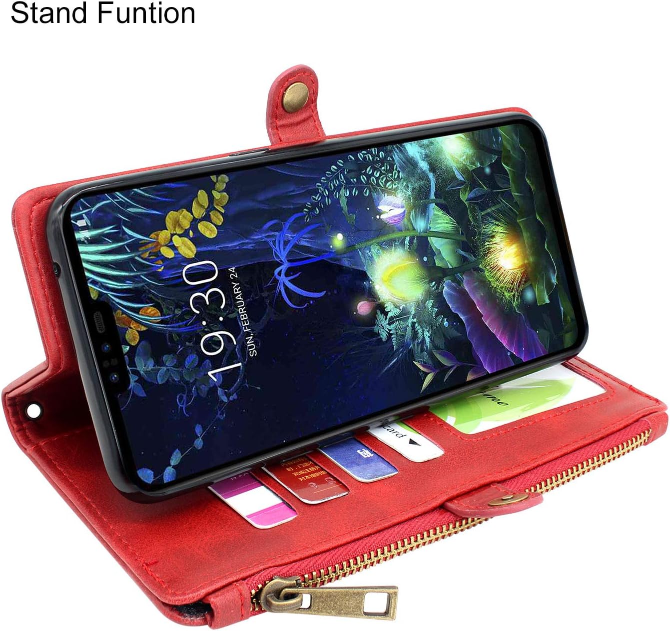 Lacass Premium Leather Flip Zipper Wallet Case Cover Stand Feature with Card Holder and Wrist Strap for Coolpad Legacy 6.36" (2019) 3705A Case (Red)