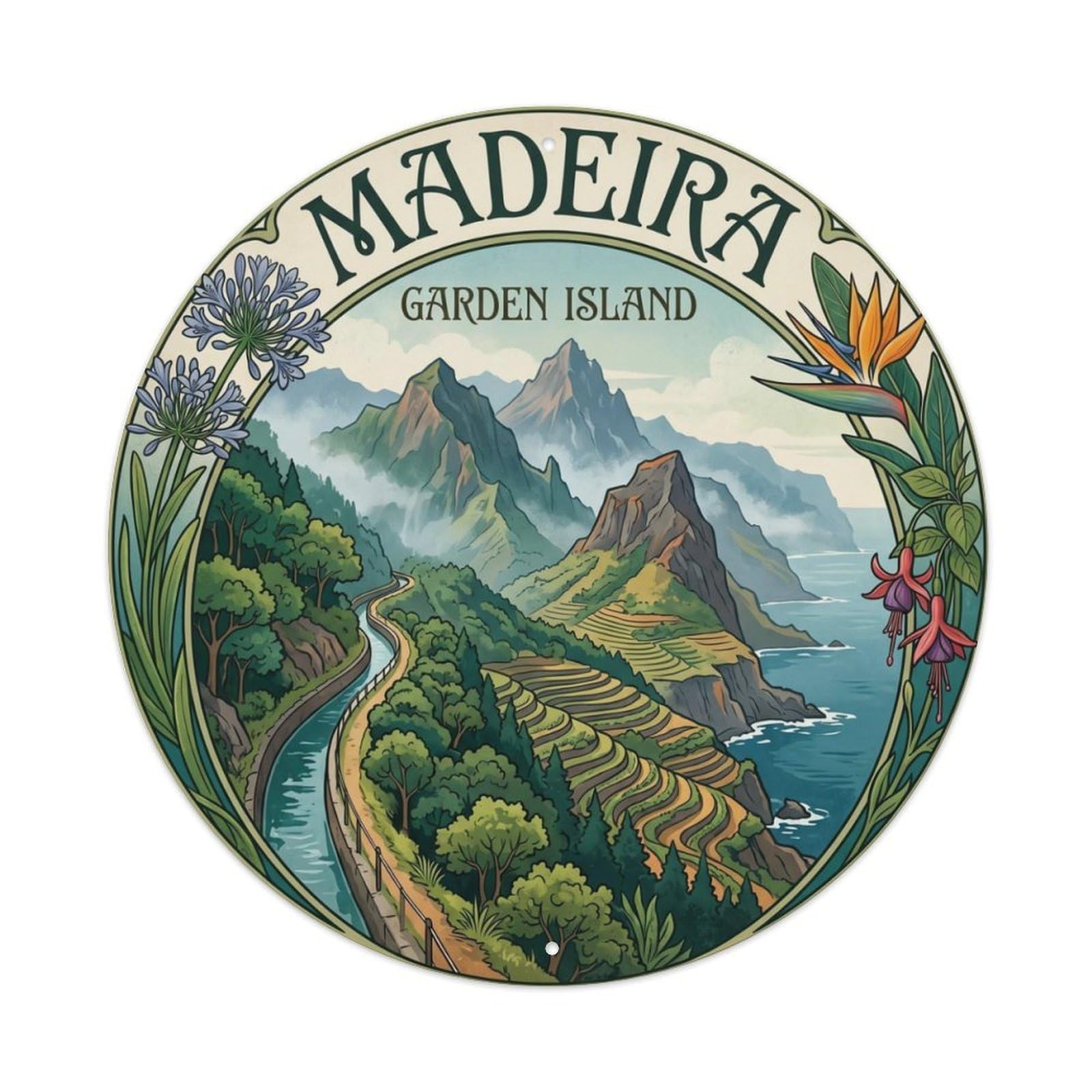 Vintage Travel Madeira Mountains Portugal Metal Tin Sign Plaque Wall Decor for Cafe, Club, Garden Round Metal Poster 8x8Inch