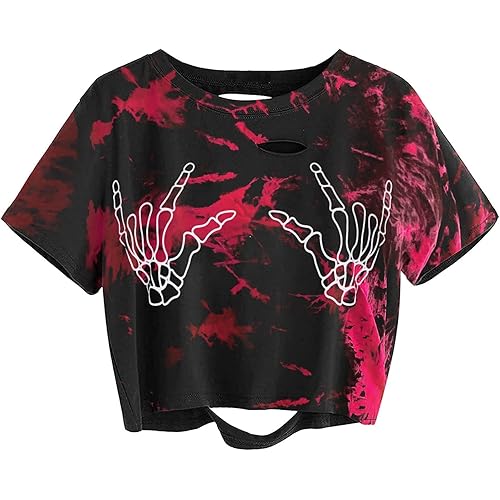 Avanova Women Skull Finger Graphic Distressed Tee Shirt Ripped Short Sleeve Crop Tops