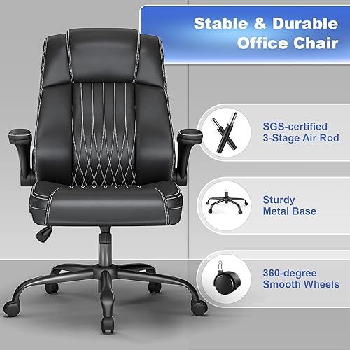 Miniatura 8 de Silla de oficina ejecutiva con soporte lumbar, sillas de escritorio ergonómicas de cuero con respaldo alto para computadora con brazos abatibles,