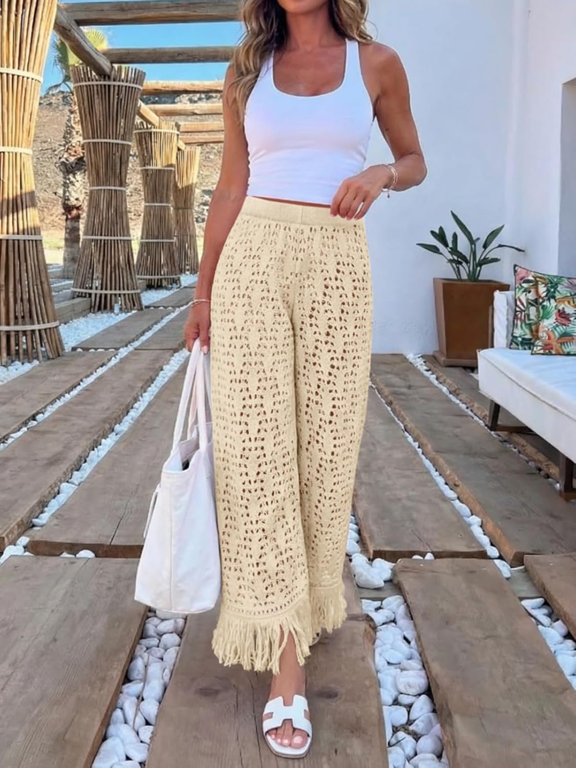 Fisoew Womens Crochet Cover Up Pants Casual Wide Leg High Waisted Hollow Out Tassel Summer Beach Mesh Bathing Suit Pants - Image 6