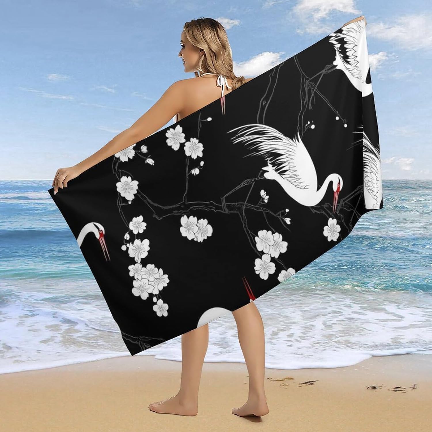 Japanese Crane White Birds Beach Towels Oversized Jumbo Large Yoga Bath Towel for Pool Yoga Swim Body 160x80cm