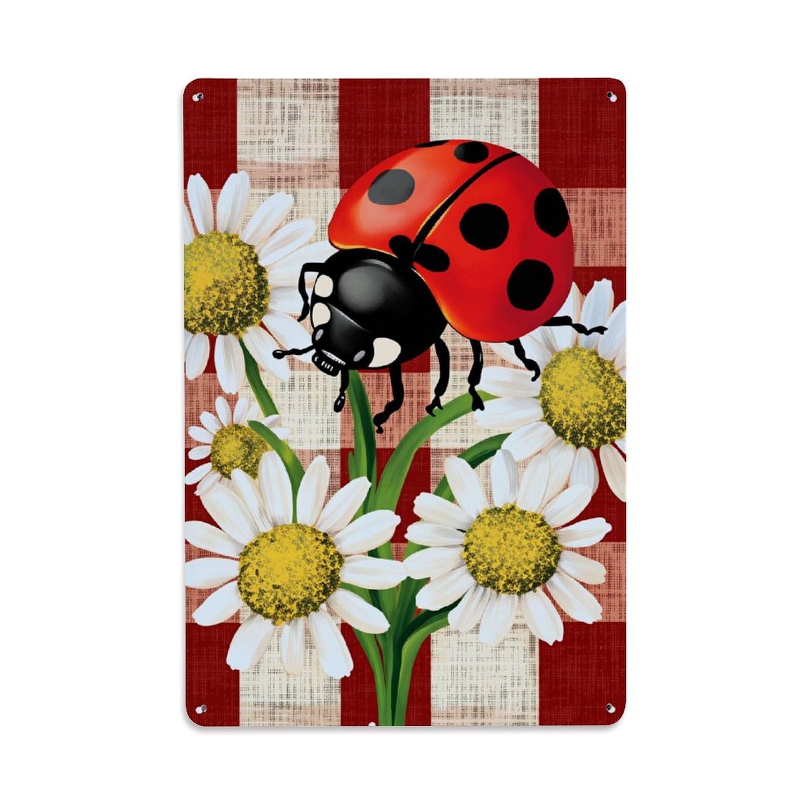 Enderetf Vintage Ladybug Daisies Red Checkered Background Tin Sign Metal Poster, Home Bar Garage Man Cave Cafe Indoor & Outdoor Wall Decoration 8X12inches