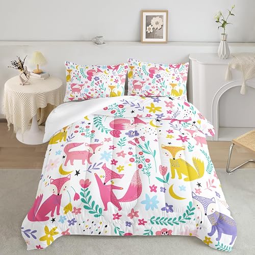 QOOMO Cartoon Fox Kids Comforter Set,Botanical Flowers Bed Set Queen for Girls C